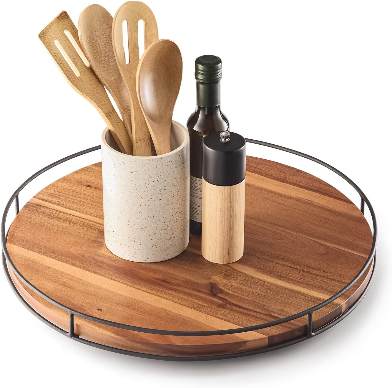 18″ Acacia Wood Lazy Susan Turntable with Metal Frame – Large Brown Lazy Susans Organizer Countertop Storage – Wooden Serving Tray for Charcuterie Cheese Board – Kitchen Counter Rotating