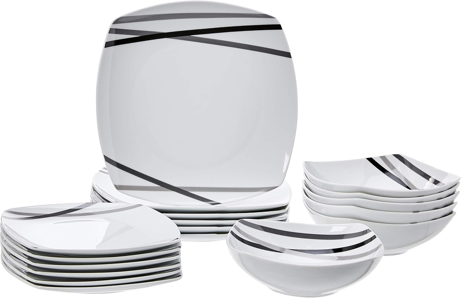 Amazon Basics 18 Piece Kitchen Dinnerware Set, Dishwasher and Microwave Safe, Square Plates, Bowls, Service for 6, Modern Beams