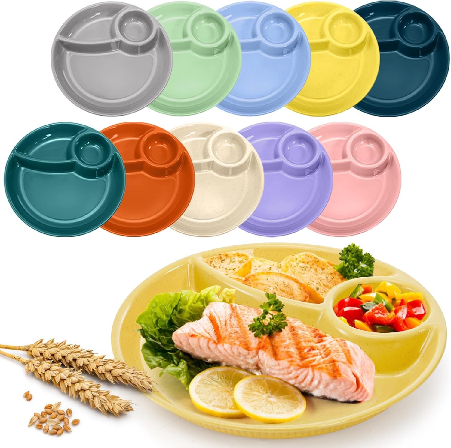 ZAVOOS 10 Pack Chip Dip Serving Platter, 10 Inch Plastic Divided Dumpling Plate with Dipping Saucer, 3 Compartments Reusable Snack Serving Dish for Sushi, Veggies, Party Appetizer