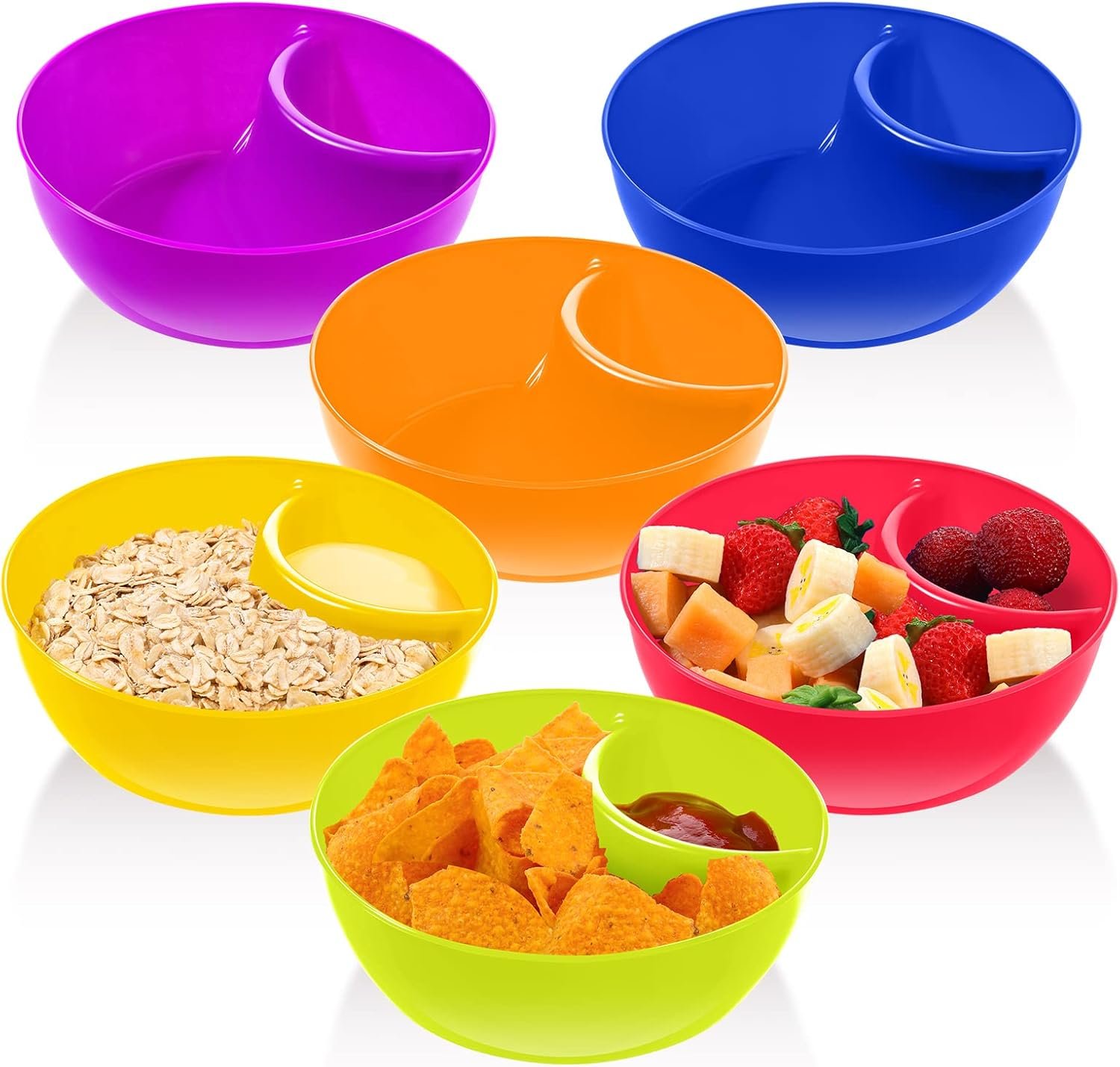 Weewooday Snack and Dip Bowls, Chips Serving Bowls Anti Soggy Divided Bowl plastic Stackable Dish Microwave and Dishwasher Safe Container for Chips, Dips Snacks Salsa Salad Nuts, 6 Colors (6 Pcs)
