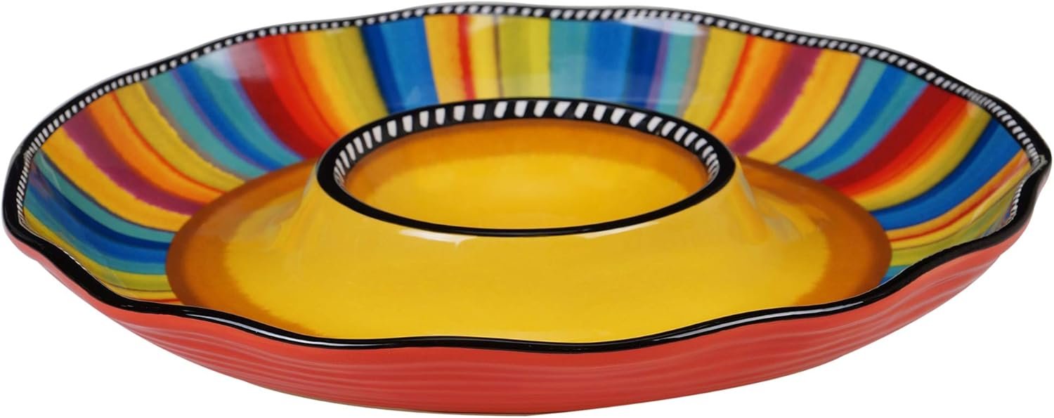 Sierra 13.5″ Chip & Dip Platter – Great for Parties, Game Day, and Appetizers – Colorful Multicolor Ceramic Snack Server