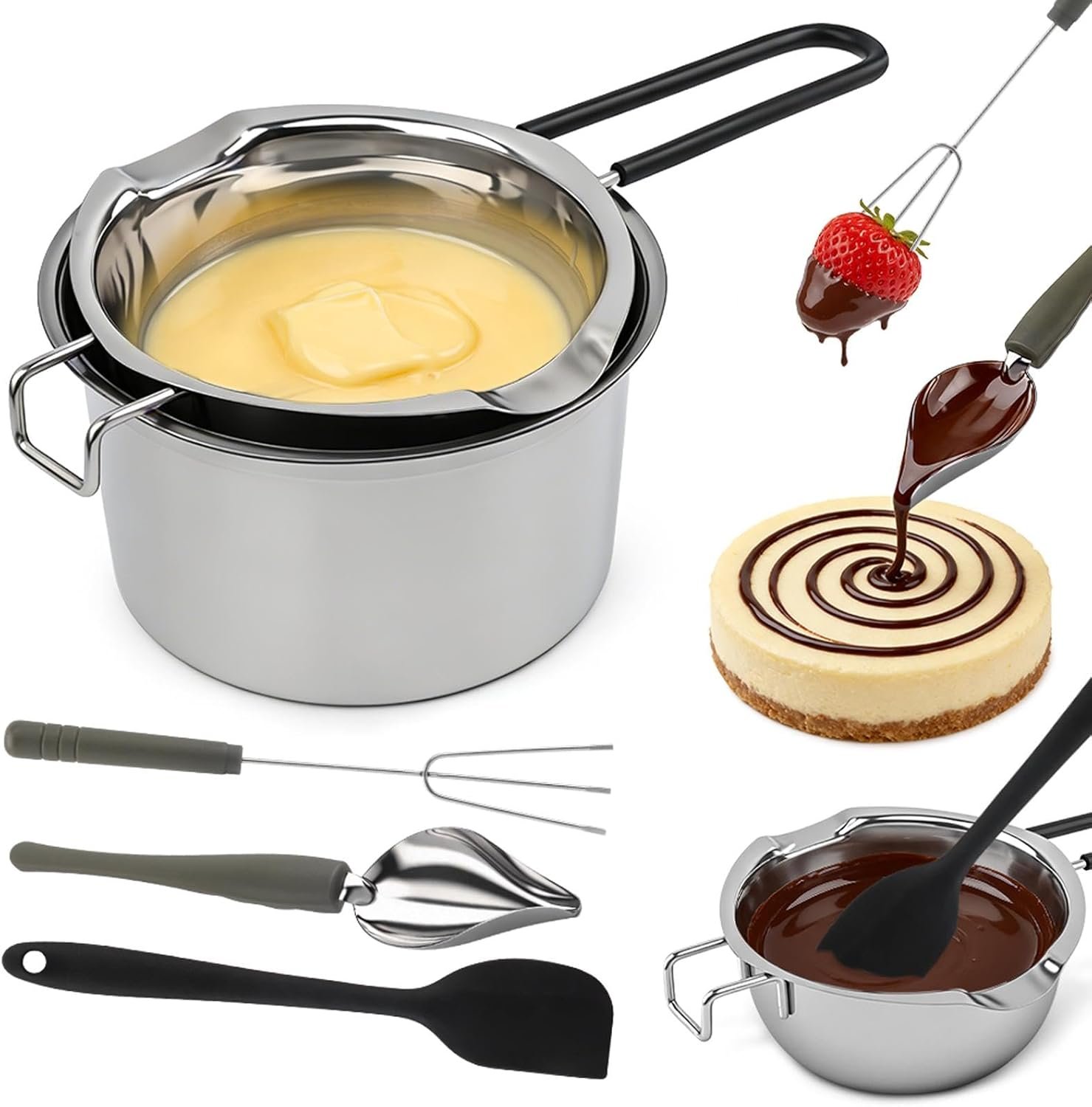 Stainless Steel Double Boiler Melting Pot (600/1600ML) & Silicone Scraper,Tridented Tool,Chocolate Spoon,Large Capacity Chocolate Melting Pot for Butter Candy Butter Cheese Making