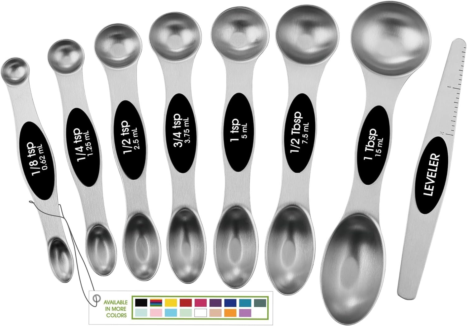 Spring Chef Stainless Steel Magnetic Measuring Spoons Set with Strong N45 Magnets, Heavy Duty Metal Kitchen Gadgets for Baking & Cooking, Fits in Most Kitchen Spice Jars, Set of 8 with Leveler, Black