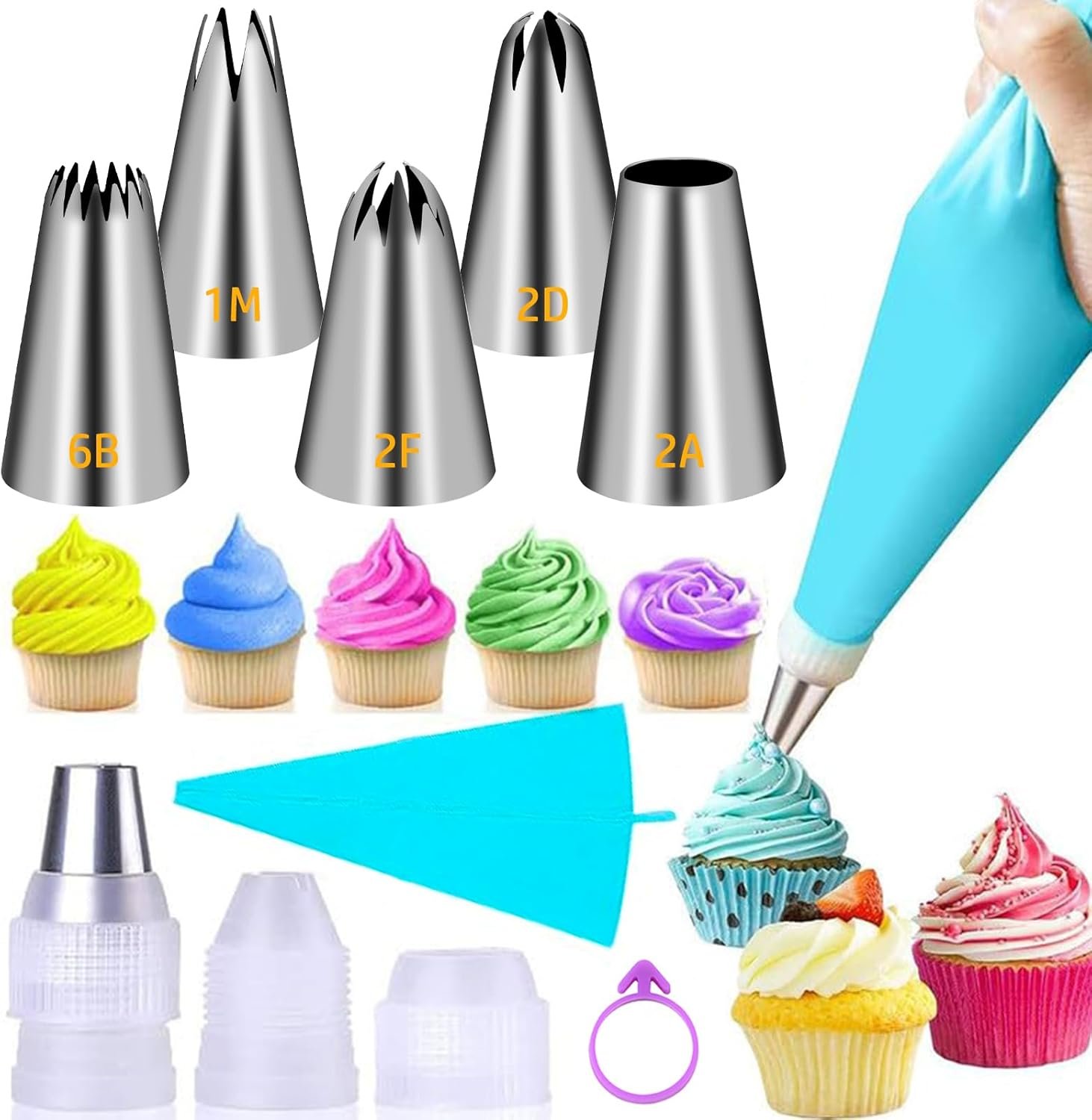 Suuker Large Piping Tips Set, Seamless Stainless Steel Cake Decorating Tips, Pastry Tips and Piping Bags, Frosting Icing Tips for Baking Cupcakes, Cake, Cookie (1M 2D 2F 6B 2A)