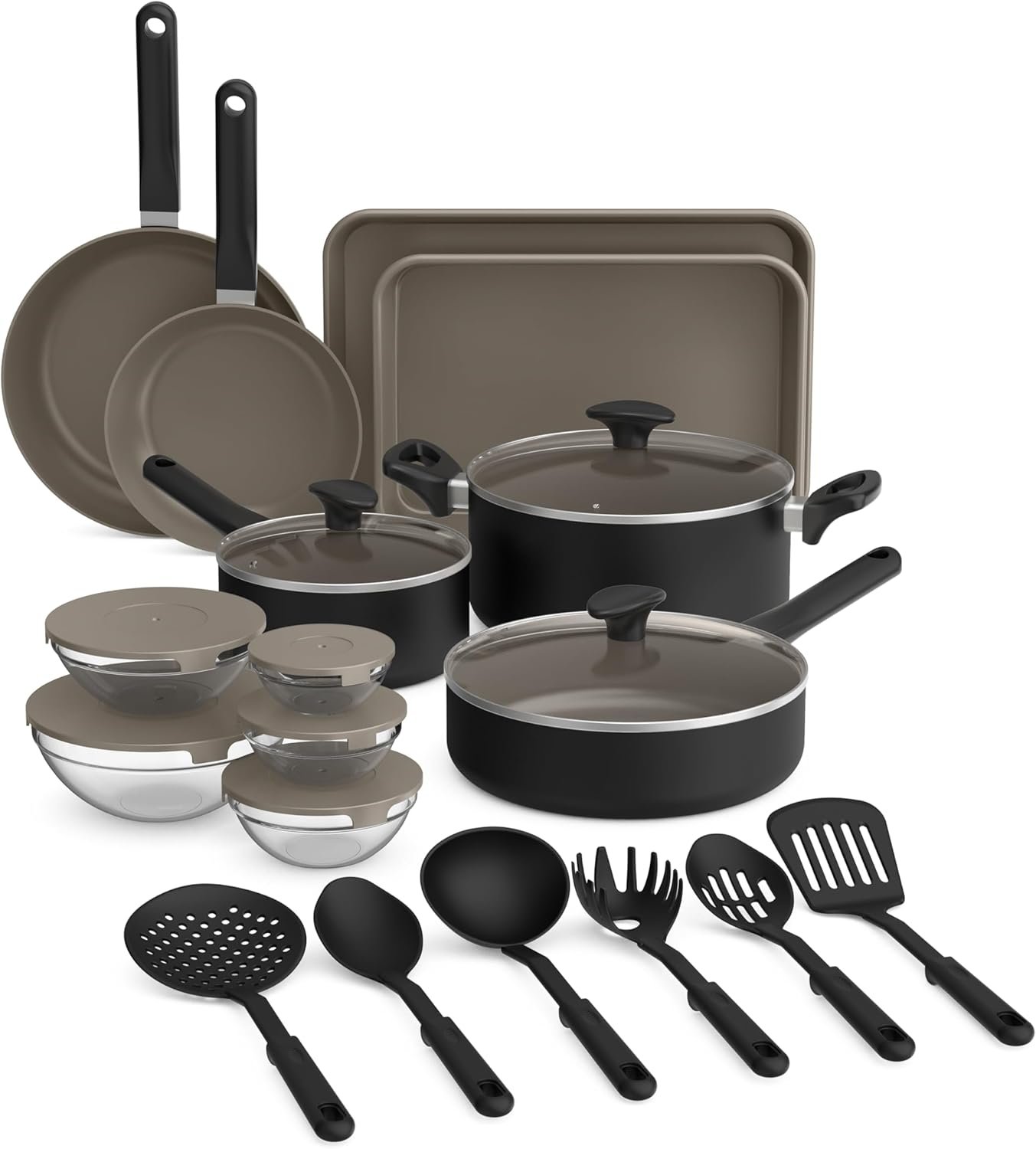 bella 21 Piece Kitchen Set with EverGood™ Ceramic Nonstick Coating​, Dishwasher & Oven Safe, All Stovetops Compatible, Tempered Glass Lids & Cool Touch Handles, Black