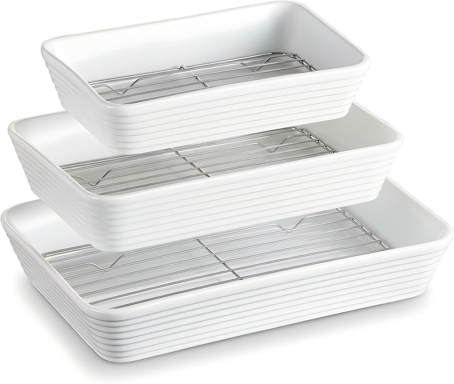 ONEMORE Baking Dishes for Oven, 9×13 Large Casserole Dishes for Oven with Roasting Racks, Rectangular Ceramic Baking Dish Set of 3 for Cooking & Serving, Deep Dish Lasagna Pan (3QT/2.1QT/1.3QT)