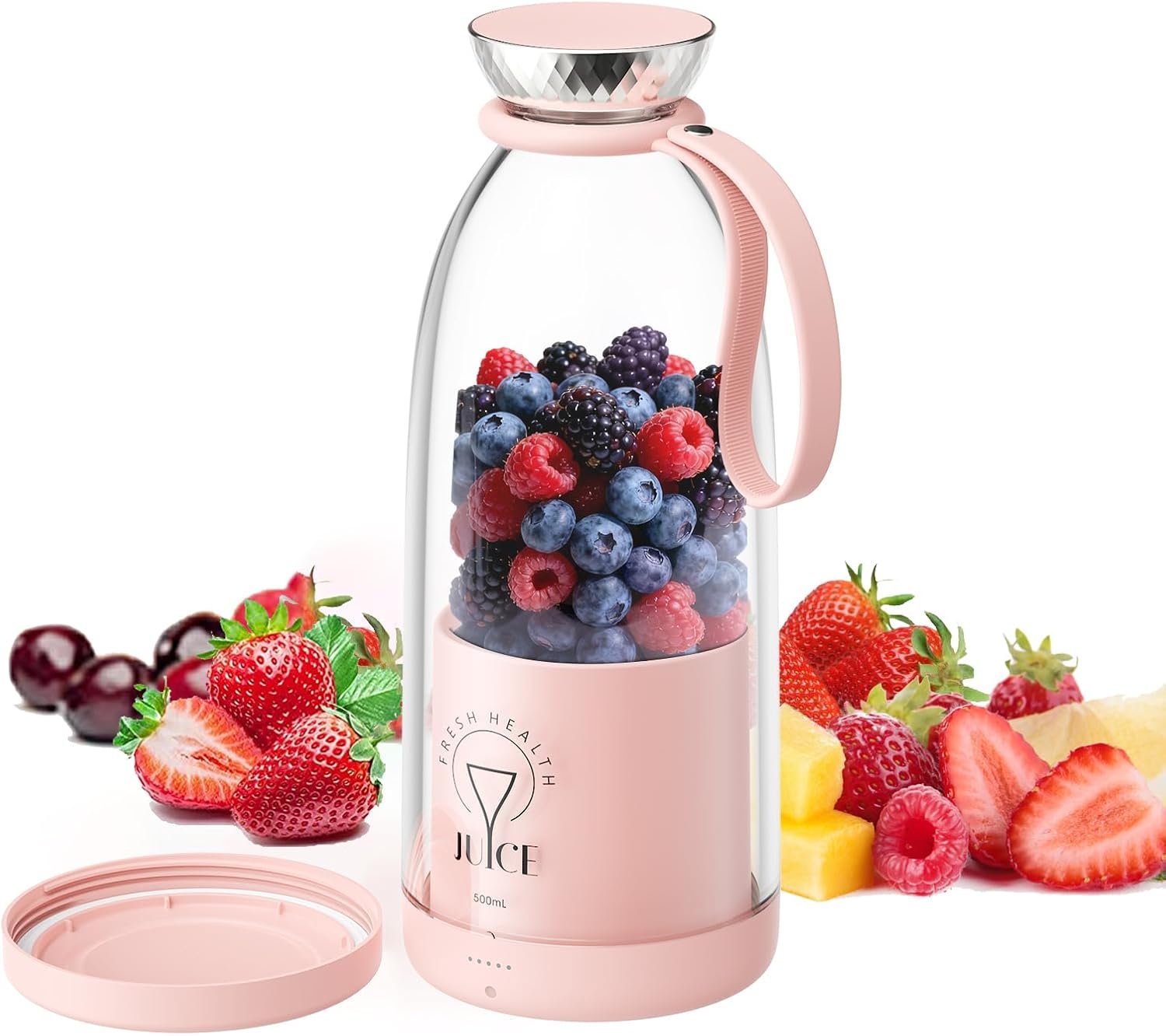 Portable Blender, Personal Smoothie Maker with 6 Blades, Rechargeable Mini Juicer Cup, 17 oz with Travel Lid for Outdoors, Camping, Office, Kitchen (Pink)