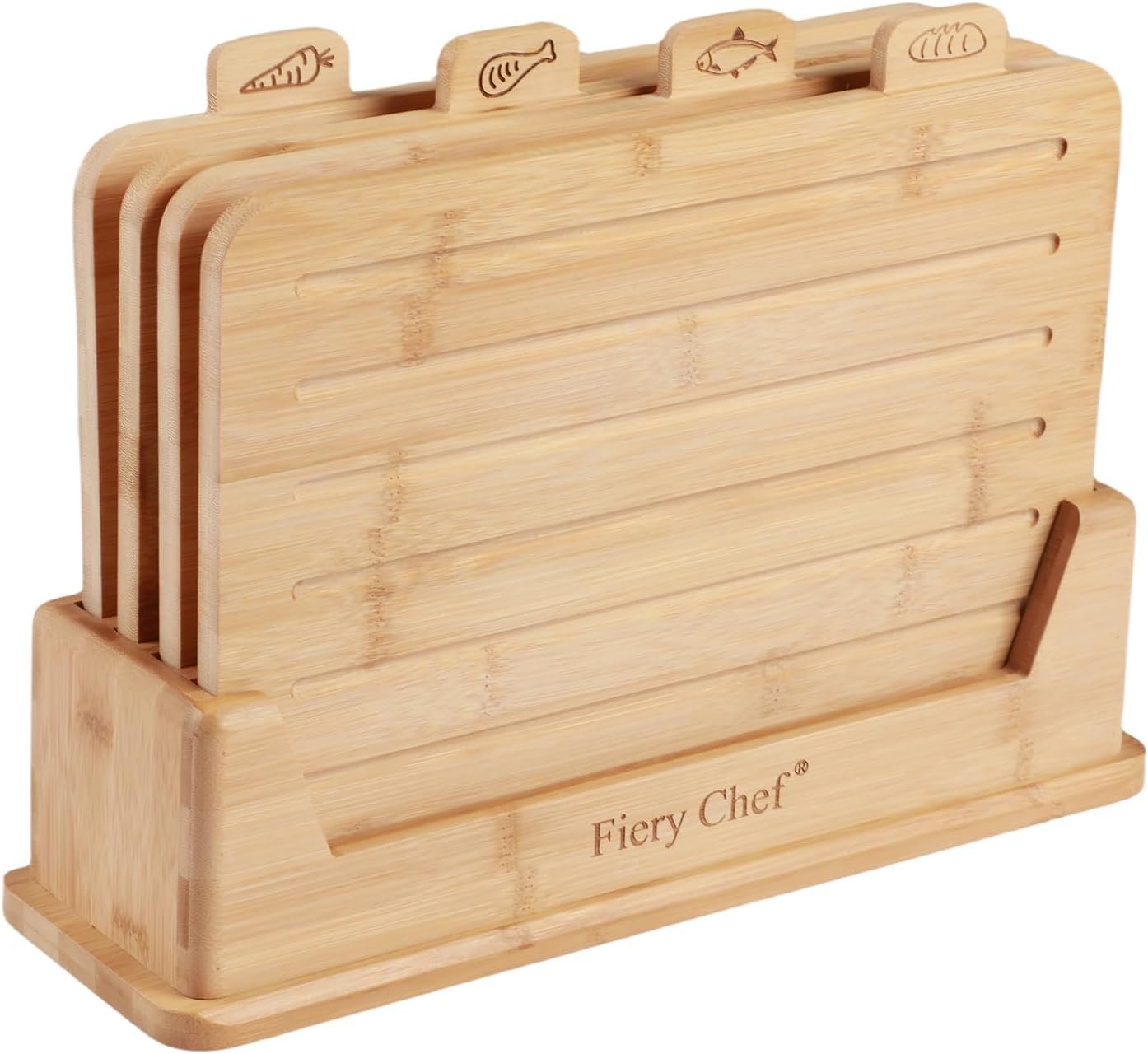14.56″L x 11″W Bamboo Cutting Board Set of 4 – Wood Cutting Board Set with Holder, Chopping Boards Set with Food Icons, Juice Groove – Ideal for Meat, Fish, Bread, Vegetable, Fruit Chopping