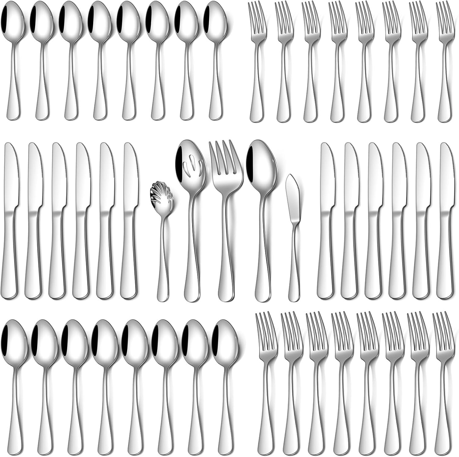 Silverware Set for 8, 45 Piece Food-Grade Stainless Steel Flatware Set with Hostess Serving Utensil Set, Mirror Polished Cutlery Set for Home Kitchen Restaurant, Dishwasher Safe