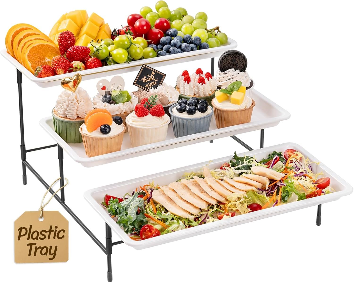 Lifewit 3 Tier Serving Tray, 36 x 17 cm/14 x 6.5 White Plastic Tiered Food Serving Platters, Tiered Tray Stand for Party with Black Collapsible Metal Stand, Dessert Display Stand for Cookies/Crackers