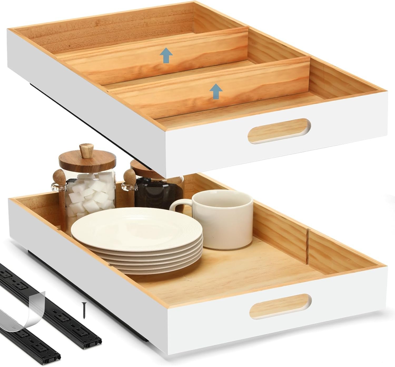 2 PCS Wood Pull Out Cabinet Organizers with Removable Dividers, 14”W x 21”D Nail-free Wood Sliding Drawers with Adhesive Tape, Roll Out Shelves for Kitchen, Pantry, Office (White)