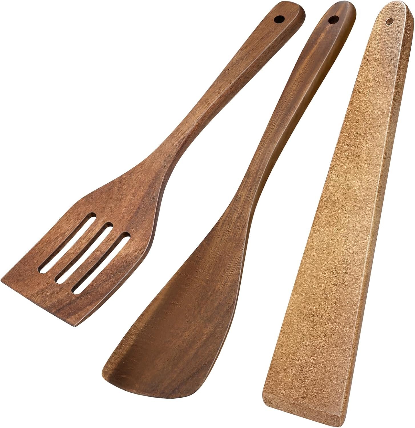 3Pcs Wooden Spatulas, Acacia Wood 12inch Long Handle Flat Frying Turner, Non-Stick Wooden Spoons for Cooking, Kitchen Utensils Set for Flipping, Scraping and Turning