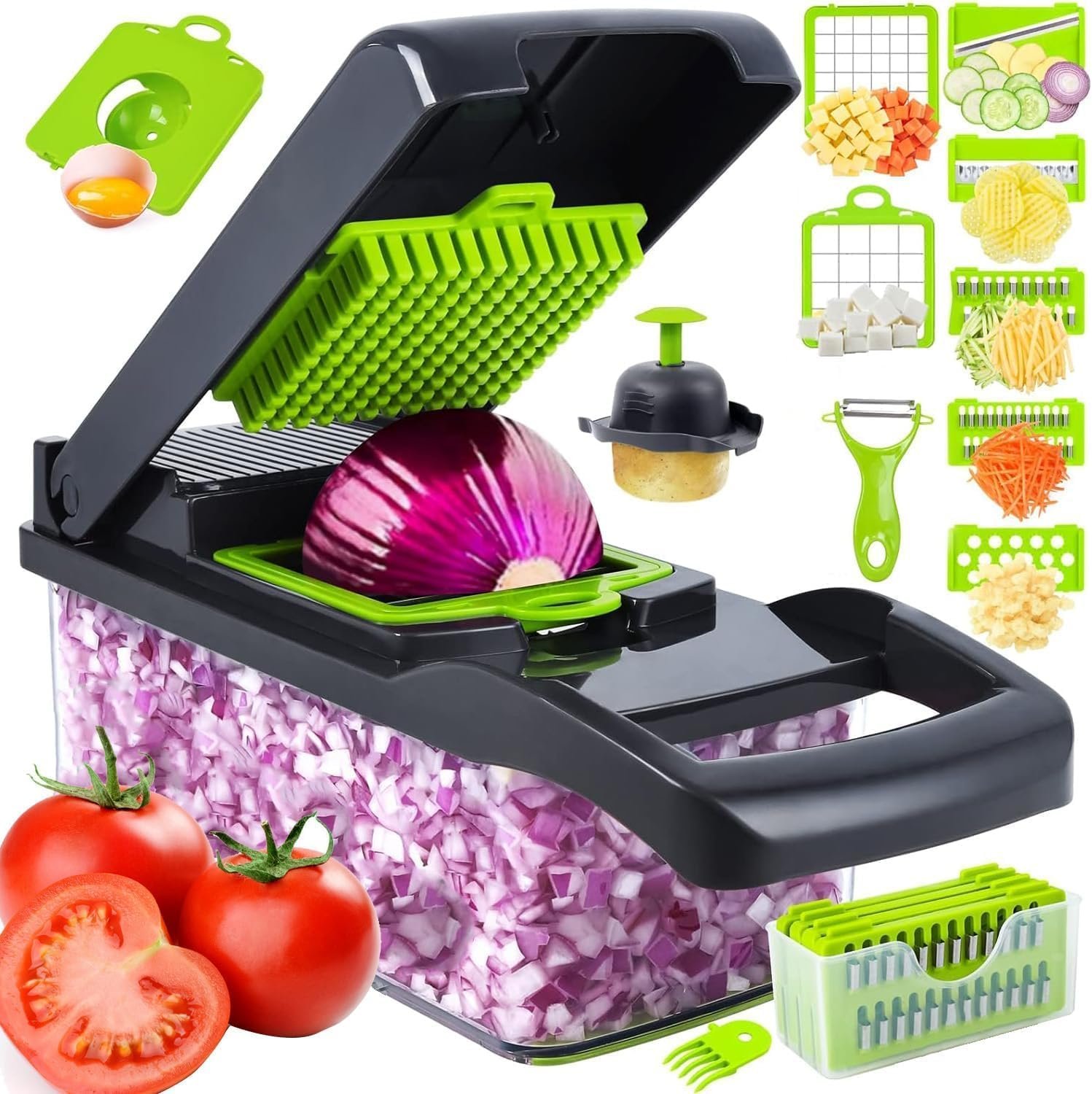 16Pcs Vegetable Choppers, Pro Onion Chopper,Multifunctional 16 in 1 Food Chopper, Kitchen Vegetable Slicer Dicer Cutter,Veggie Choppers Slicer Chop With Container