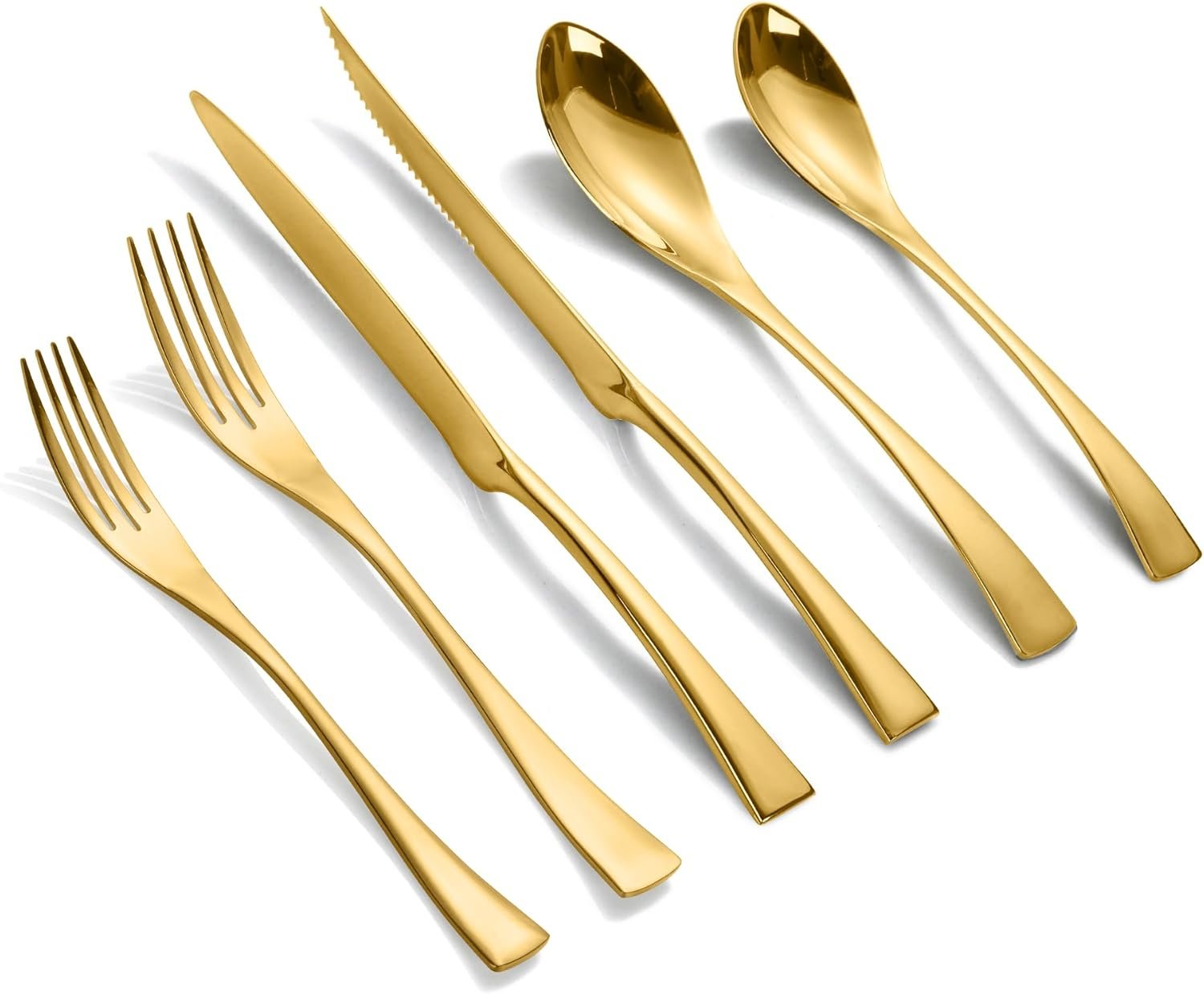 Lemeya 24 Pieces Gold Silverware Set with Steak Knives,Heavy Duty 18/10 Stainless Steel Flatware Set with Forged Stand Knives,Modern Cutlery Utensil Set,Mirror Polished,Dishwasher Safe