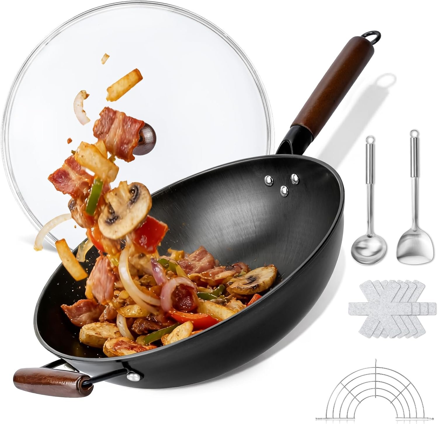 Carbon Steel Wok – 12.99″ Woks & Stir-Fry Pans Nonstick, Wok with Lid, Fast Heat Conduction, Uniform Heat Conduction Flat Bottom Woks, Professional Chef Cookware