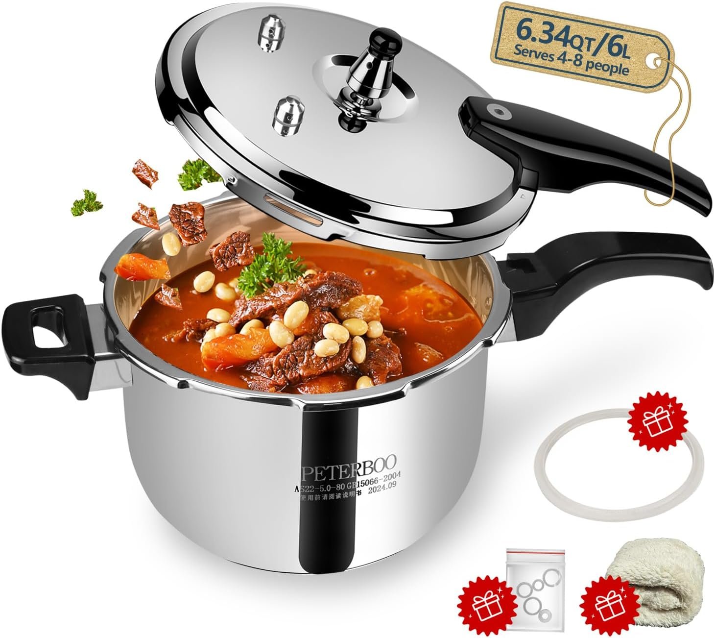 Premium Stainless Steel Pressure Cooker 6 quart | 8 Safety Features & Quick Cooking | stovetop pressure cookers;instant pot pressure cooker;olla de presion pressure cooker Stainless Steel 6+qt