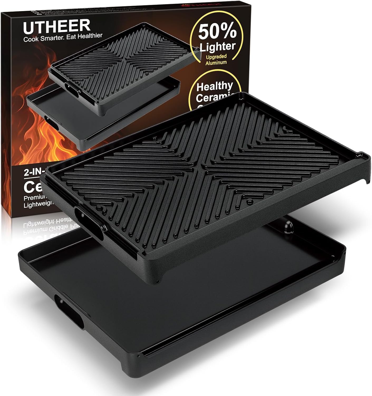 Utheer Stove Top Griddle for Gas & Electric Stove — Flat Top Nonstick Reversible Grill & Griddle Pan for Stovetop Cooking, Lightweight Cast Aluminum, PFAS-Free Ceramic Nonstick, 16.3″ × 13″