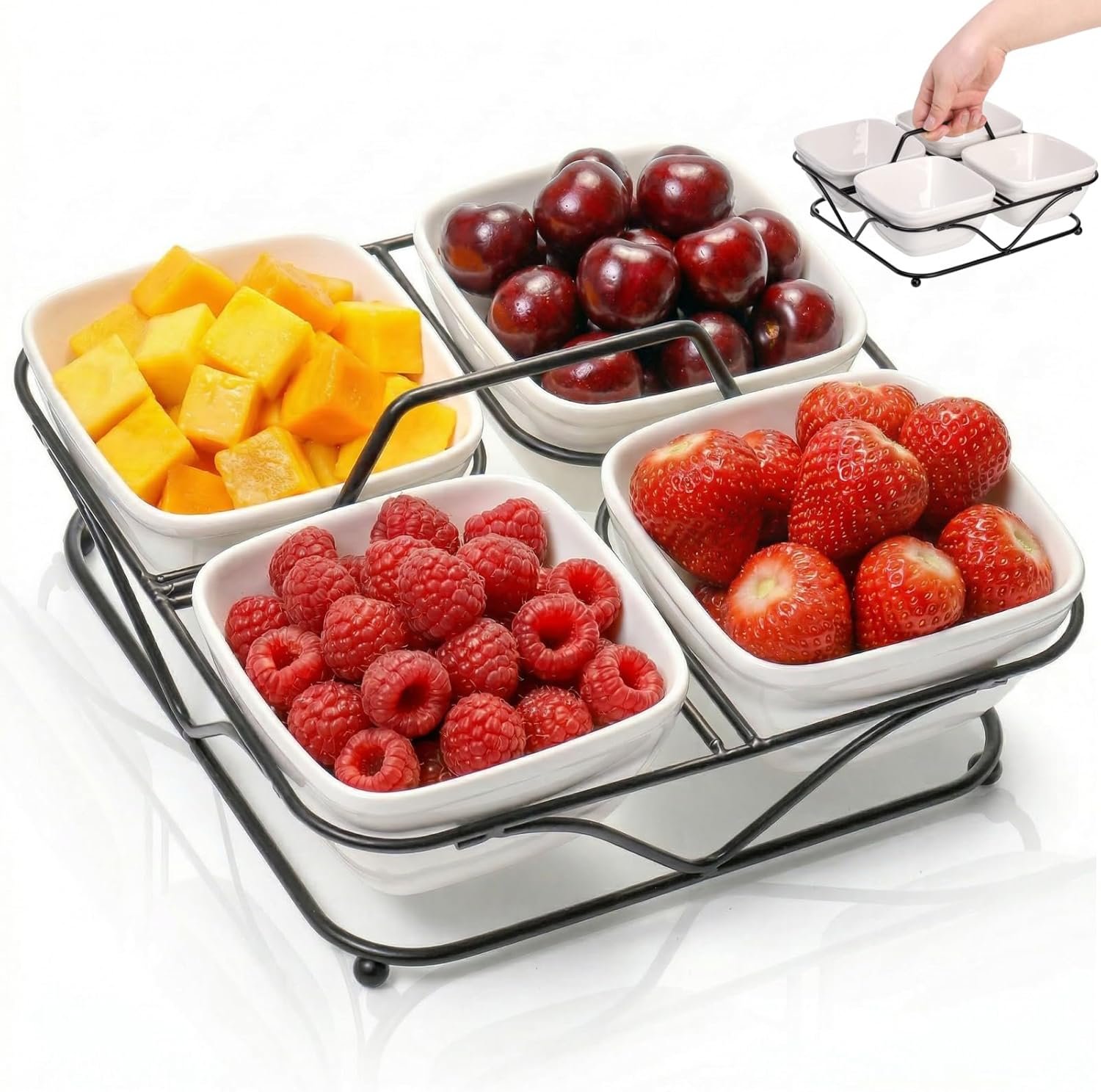 Ceramic Divided Serving Dishes, 4 Removable Snack Bowls with Metal Stand, 9 Inch Appetizer Platter with Handle, Dip Bowls for Party, Condiment Serving Relish Tray for Chips & Dips, Nut, Candy