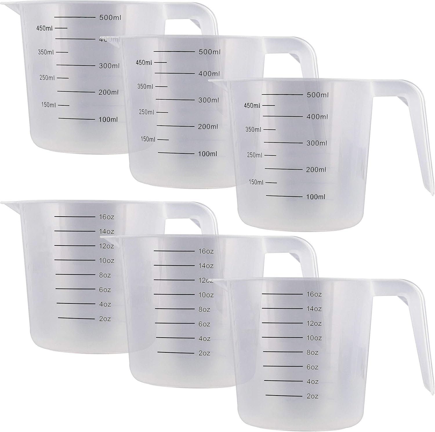 U.S. Kitchen Supply Plastic Measuring Cups with Handles – 16 oz (500 ml) Liquid Measuring Cup Set of 6 – Clear Microwave Safe Kitchen Cups – Measure in mL or Ounces, Measurement Cup for Cooking