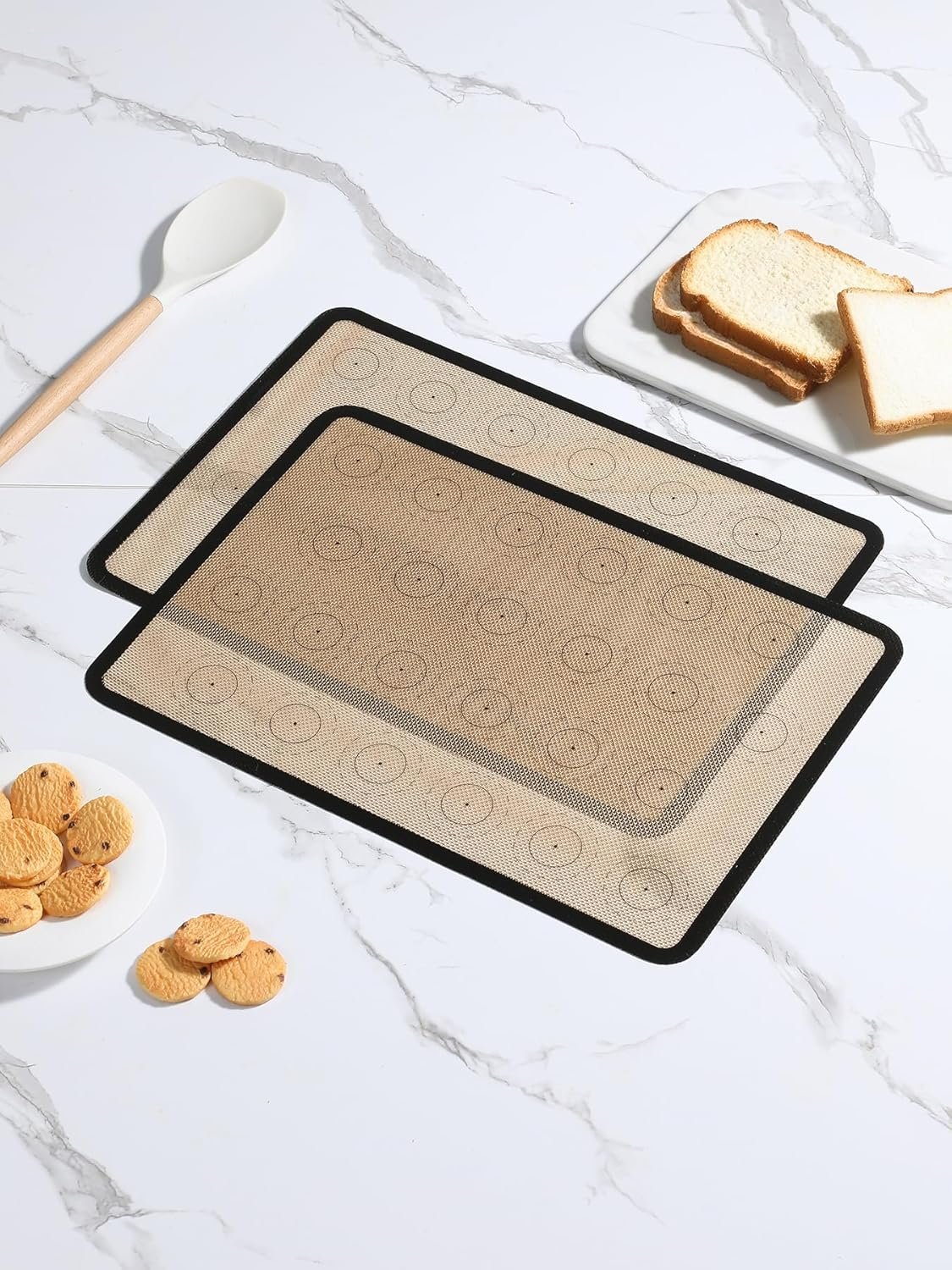 2 Pack Silicone Baking Mat Set, Non-Stick Macaron Baking Sheet Liners, Cookie Oven Liner for Bake Pans, Pizza, Cakes, Bread Making, Food Prep and Cooking, 16.5″ x 11.6″, Black, 24 Circles