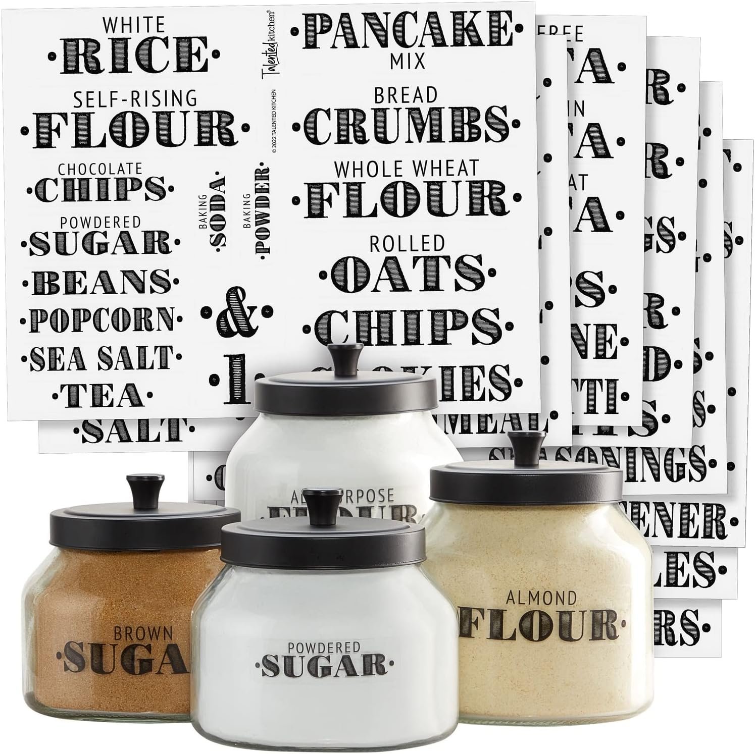 Talented Kitchen Clear Vinyl Pantry Labels for Food Containers – Waterproof & Repositionable for Kitchen Jars – Farmhouse Pantry Organization – Preprinted Baking Labels – Pack of 154, Assorted Sizes