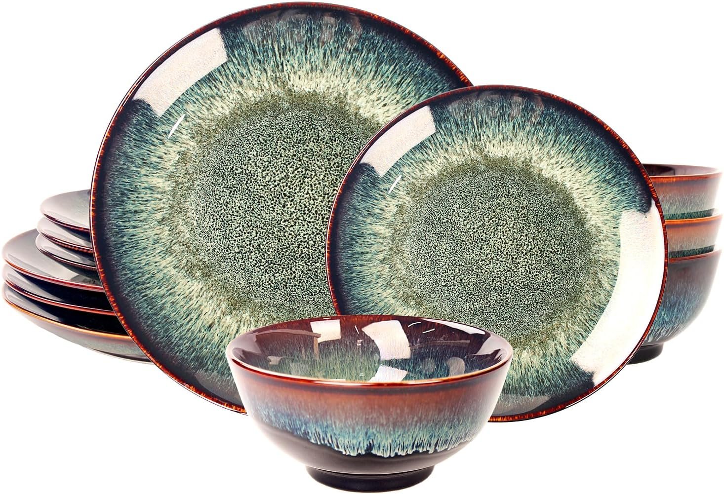 Dinner Set 12 Pieces – Round Reactive Glaze Tableware – Kitchen Dinnerware Porcelain Crockery with Dinner Plate, Bowl and Soup Plate Service for 4, Microwave Dishwasher Safe, Set (No.2)