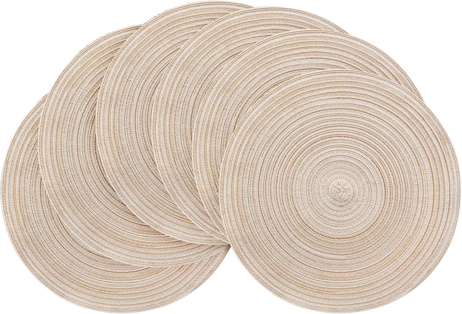 Floroom 15 Inch Round Braided Placemats Set of 6, Washable Heat Resistant Cotton Polyester Circle Place Mats for Kitchen Dining Table – Canvas Beige