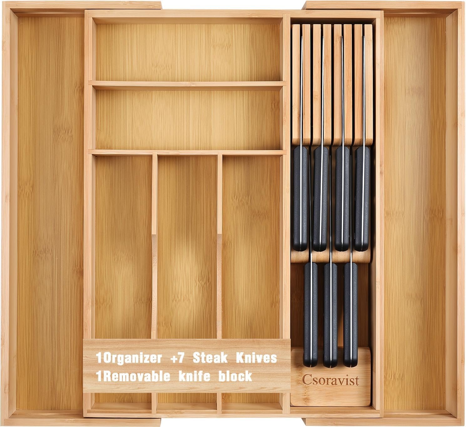 9-Piece Bamboo Kitchen Drawer Organizer Set, Expandable Silverware &Utensil Organizer with Removable Knife Block & Steak Knives, Flatware Organization, Tableware Dividers Storage(Natural)