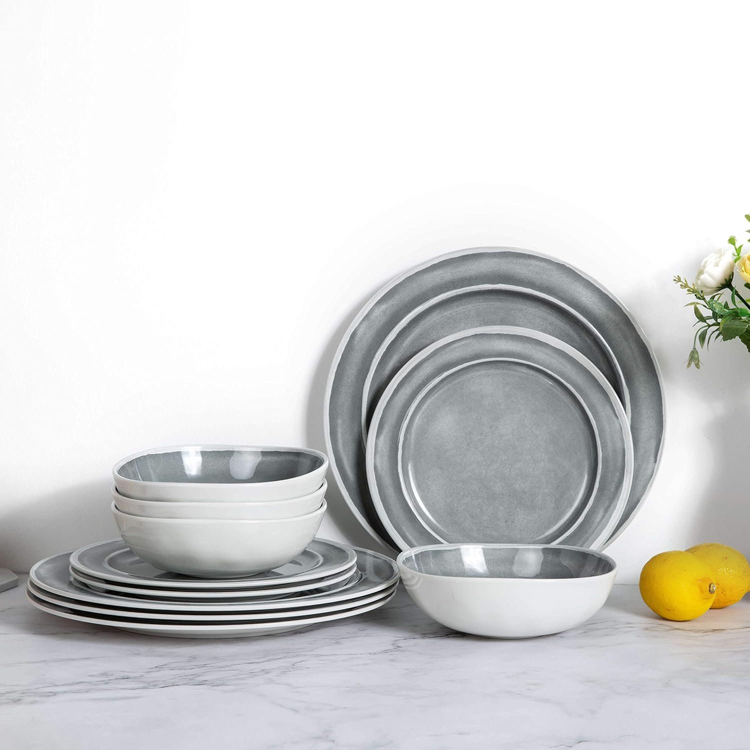 Melamine Dinnerware Set – 12pcs Dishes Dinnerware Set for 4, Indoor and Outdoor use, Dishwasher Safe, Break-resistant, Lightweight, Gray