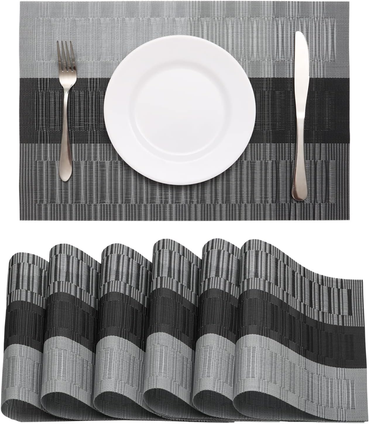 HeloHo Black Placemats Set of 6 Washable Place Mats Vinyl Woven Table Mats Wipeable Placemat for Kitchen Dining Table Decoration Indoor Outdoor