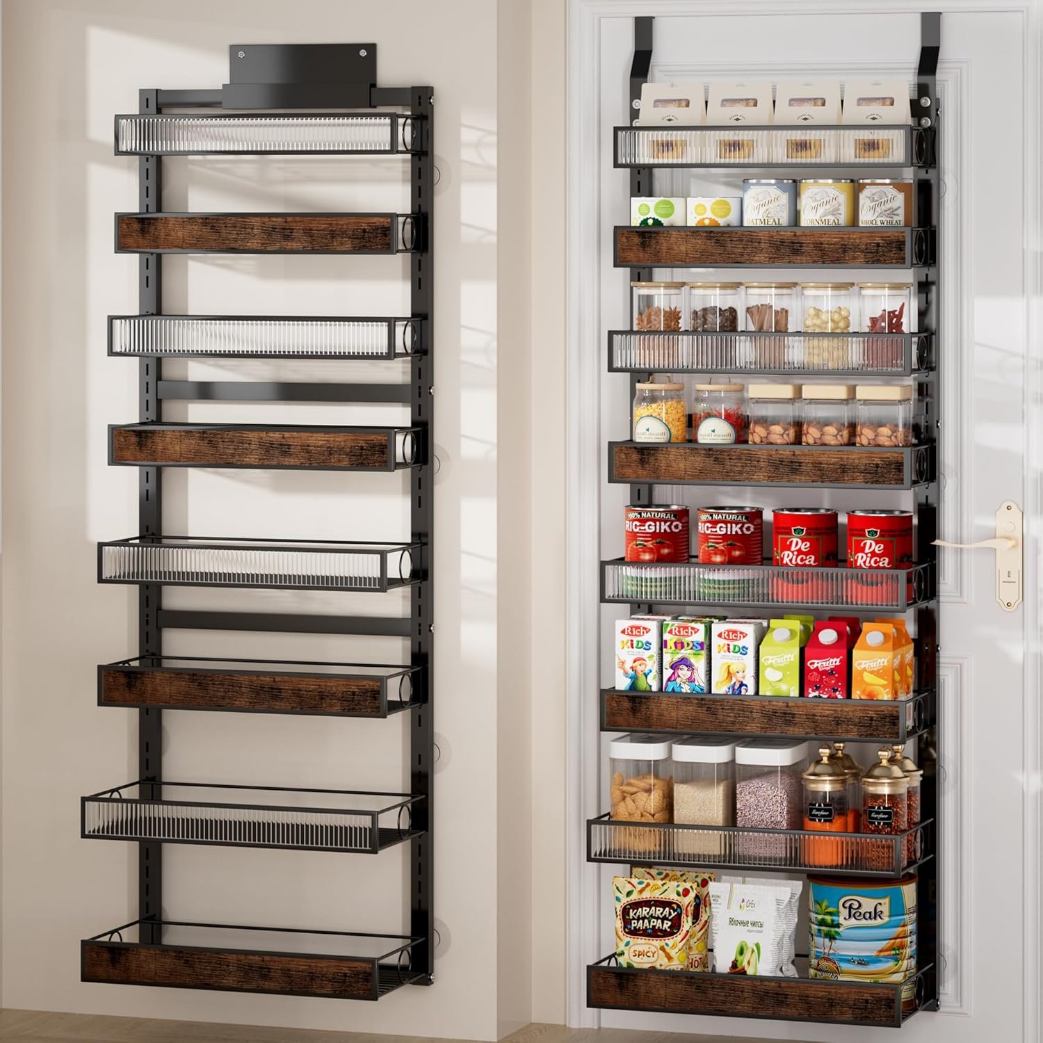 8 Tier Over the Door Pantry Organizer 2 IN 1 Hanging or Wall Mounted Spice Rack with Adjustable Basket,Heavy Duty Seasonning Storage Shelf for Kitchen Pantry and Bathroom