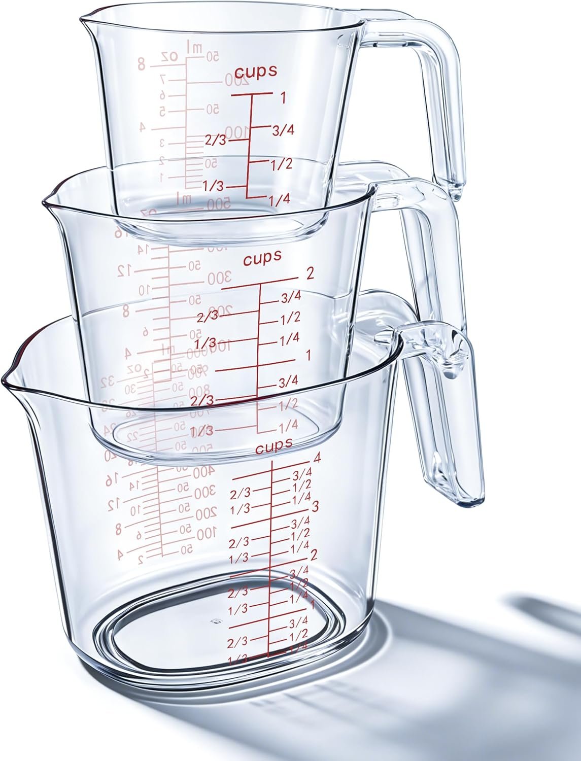 Measuring Cups，3-Piece Plastic Measuring Cups Set, 1L, 2 Cup, 1 Cup with Ml & Oz Markings, Non-Slip Base & Pour Spout for No Mess, Nesting Design for Kitchen, Baking & Cooking