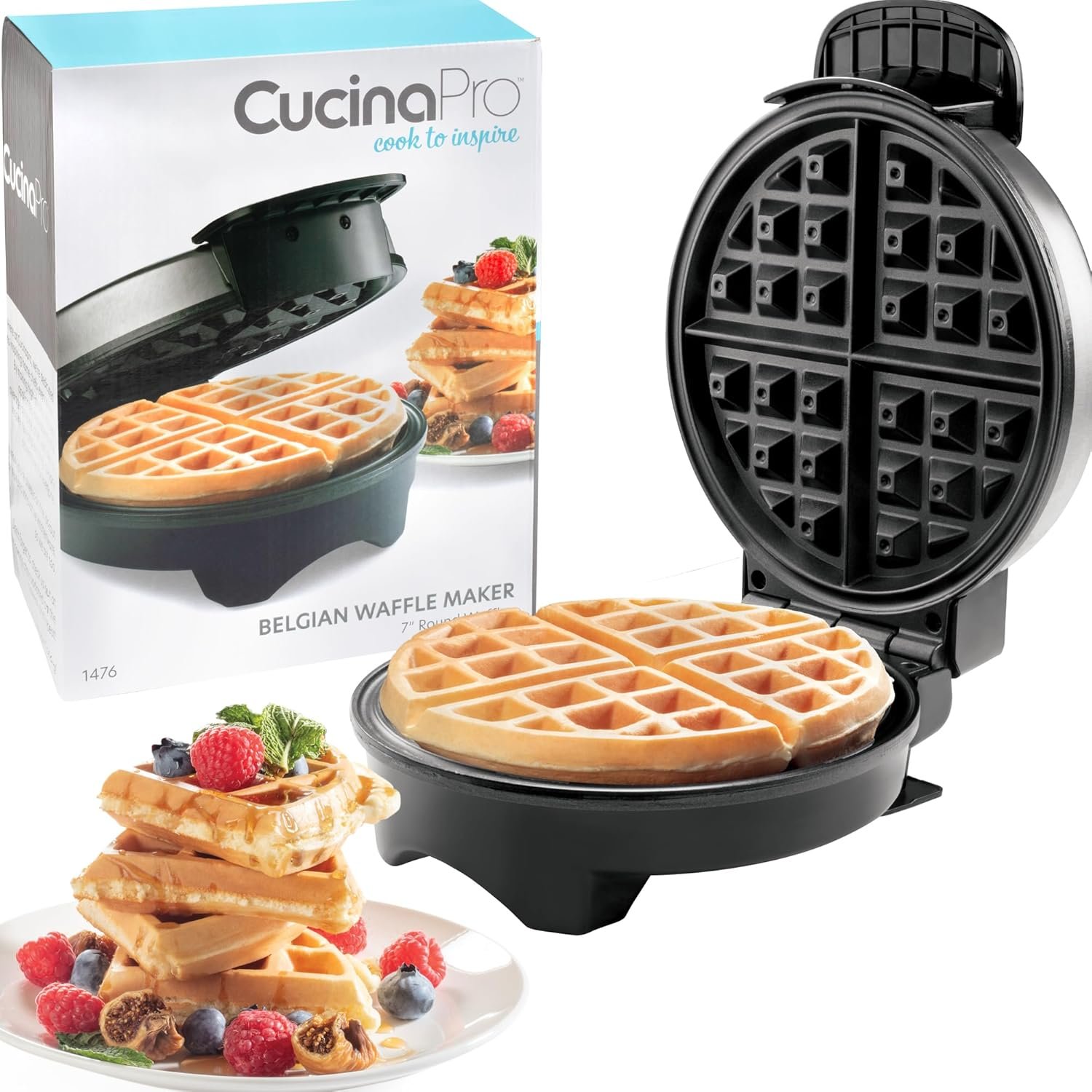Belgian Waffle Maker- Non-Stick 7″ Waffler Iron w Adjustable Browning Control, Electric Baker Makes Thick Fluffy Waffles- Easy Use Kitchen Appliance Essential for Breakfast Brunch Morning w Recipes
