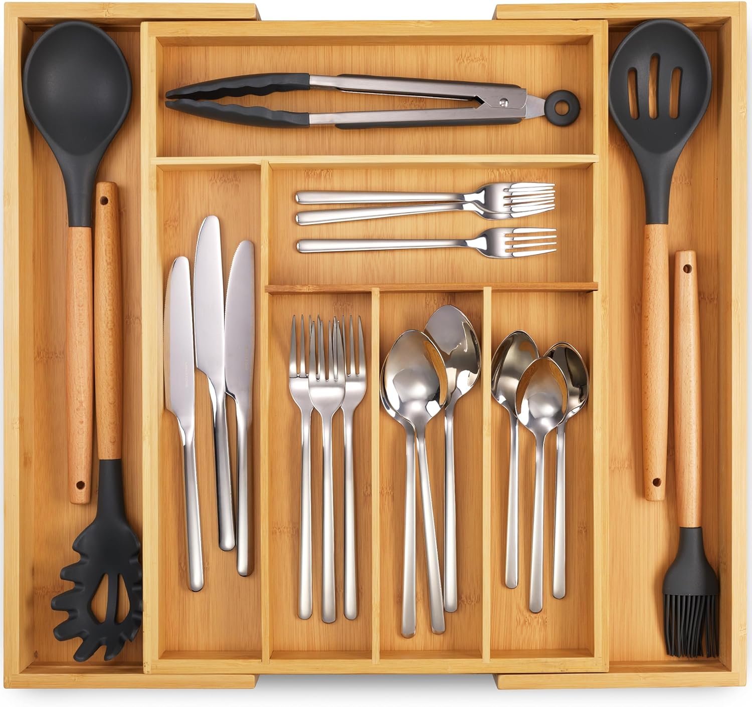Masirs Expandable Bamboo Kitchen Drawer Organizer – Adjusts to Fit Drawer Size, Ideal for Silverware, Utensils, and Office Supplies, Durable Bamboo Construction