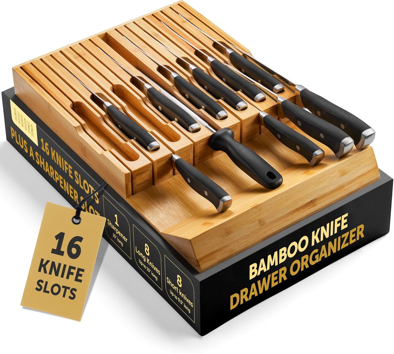 High-Grade 100% Bamboo Knife Drawer Organizer – 16 Knife Slots Plus a Sharpener Slot, Knife Organizer for Kitchen Organization, Durable, Secured, Practical, Eco-Friendly, Knife Block without Knives.