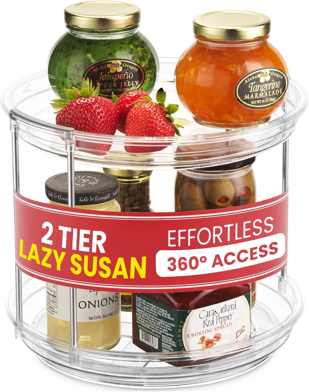 Oizeir 2 Tier Lazy Susan Organizer for Cabinet, Clear Acrylic Rotating Spice Rack Turntable for Kitchen, Pantry, Countertop, Bathroom, Vanity – Double Tier Storage Carousel with Metal Supports