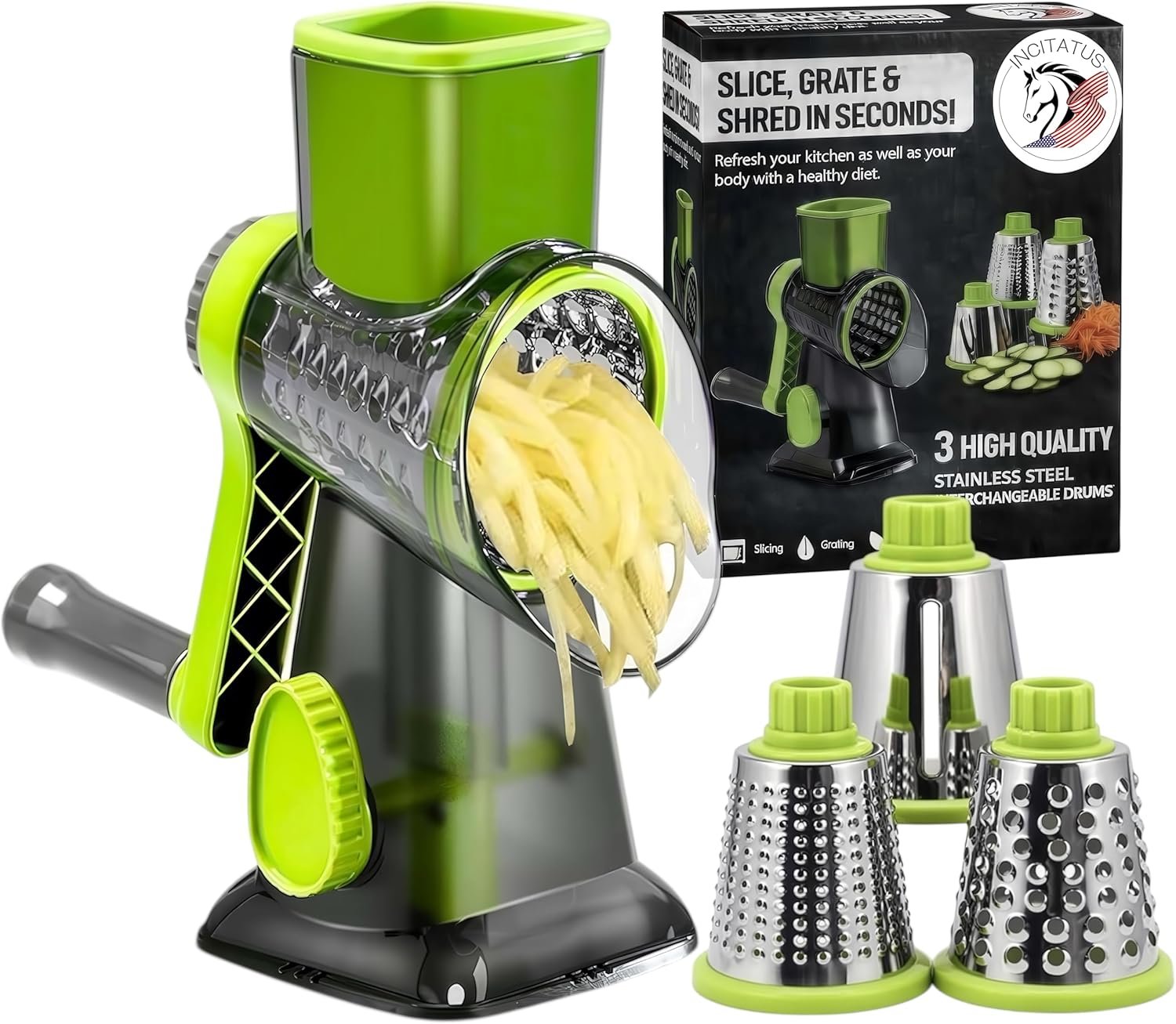INCITATUS – Cheese Grater Hand Crank – Rotary Cheese Shredder – 3 Interchangeable Stainless Steel Blades & Strong Suction Base – Parmesan Vegetable Grater – Manual Kitchen Vegetable Slicer