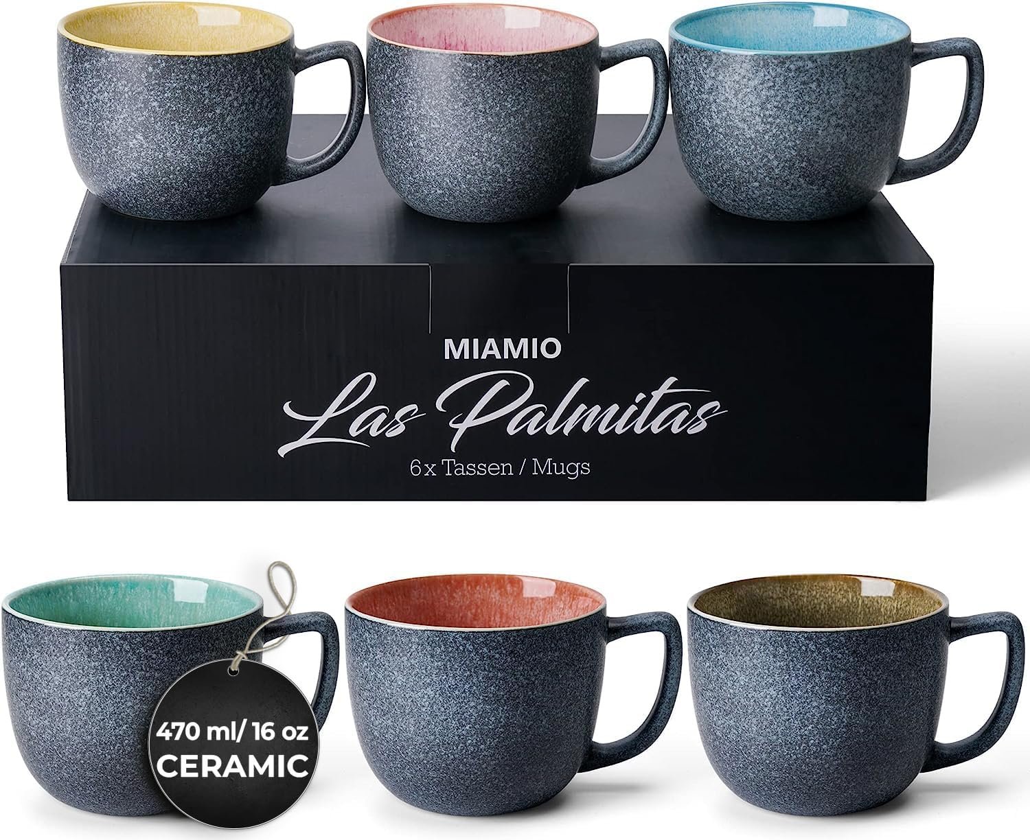 MIAMIO – 6 x 16 oz. coffee cups/mug set/coffee cup large/modern stoneware coffee mugs – Las Palmitas Collection