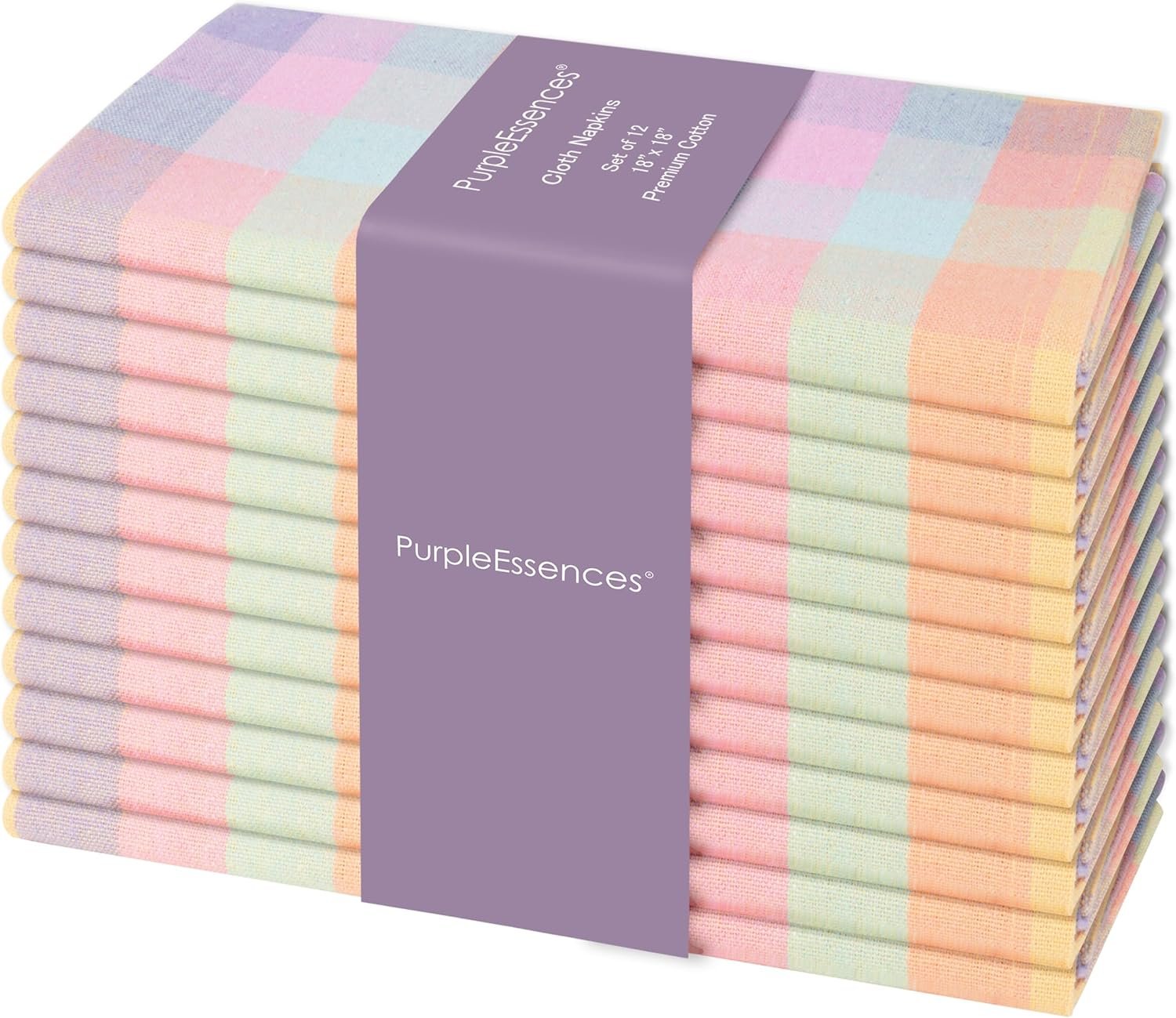 PurpleEssences Buffalo Plaid Cloth Napkins – Mitered Corners – Spring Easter Summer – Gingham Check Dinner Napkin – Set of 12-100% Cotton – 18×18 Inch – Reusable Washable – Multicolor