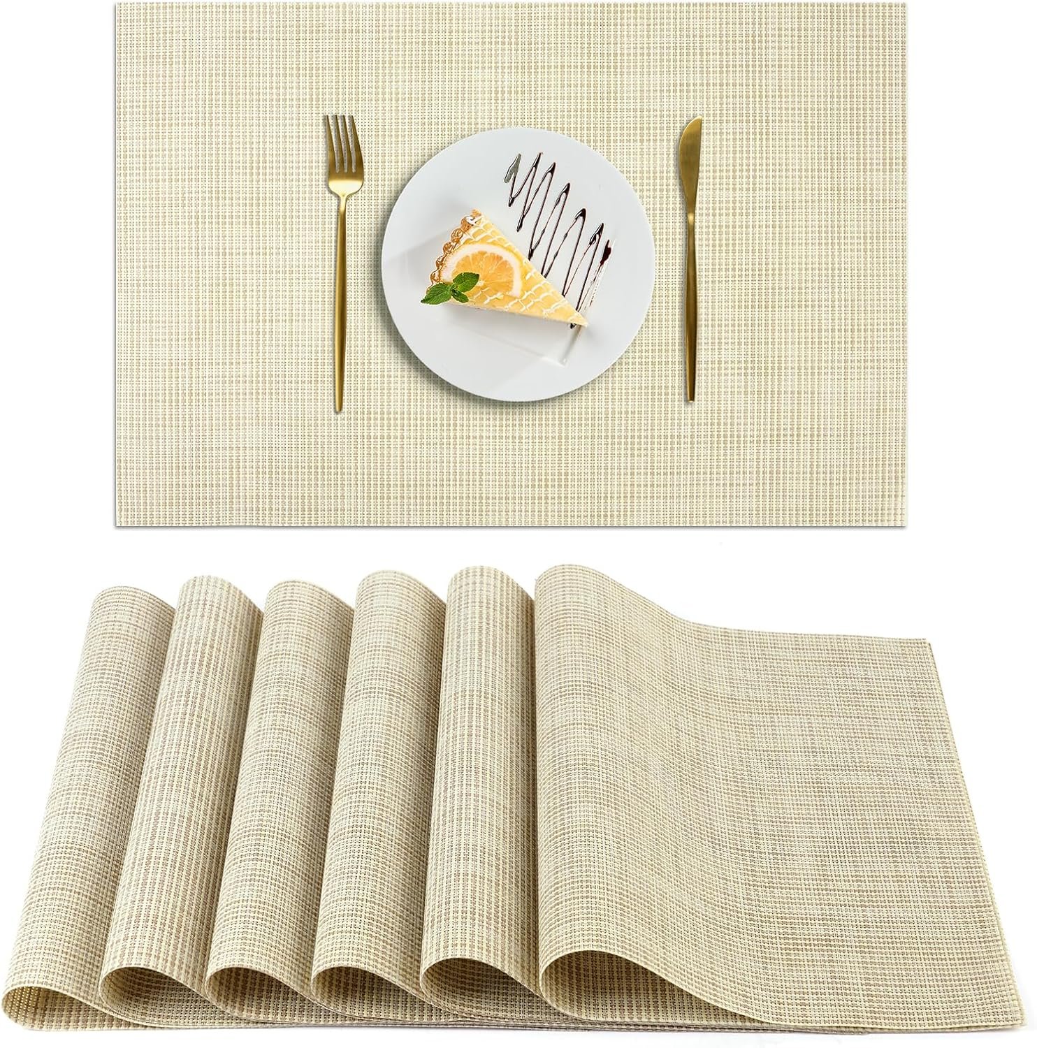 AUAUY Placemats Set of 6, Non-Slip Heat Resistant Table Mats, PVC Vinyl Woven Table Placemats Washable for Kitchen Dinning Restaurant, Farmhouse (Beige, 6pcs)