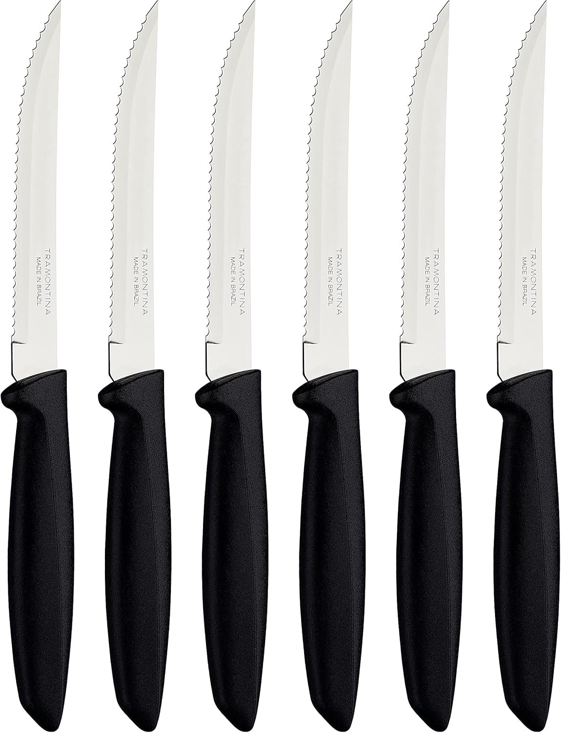 Tramontina Kitchen Knives Set of 6, Serrated Fruit Tomato Cooking Knife, Vegetable Chopper Peeler, Stainless Steel, Multipurpose, Pointed Tip, Black, 23498054