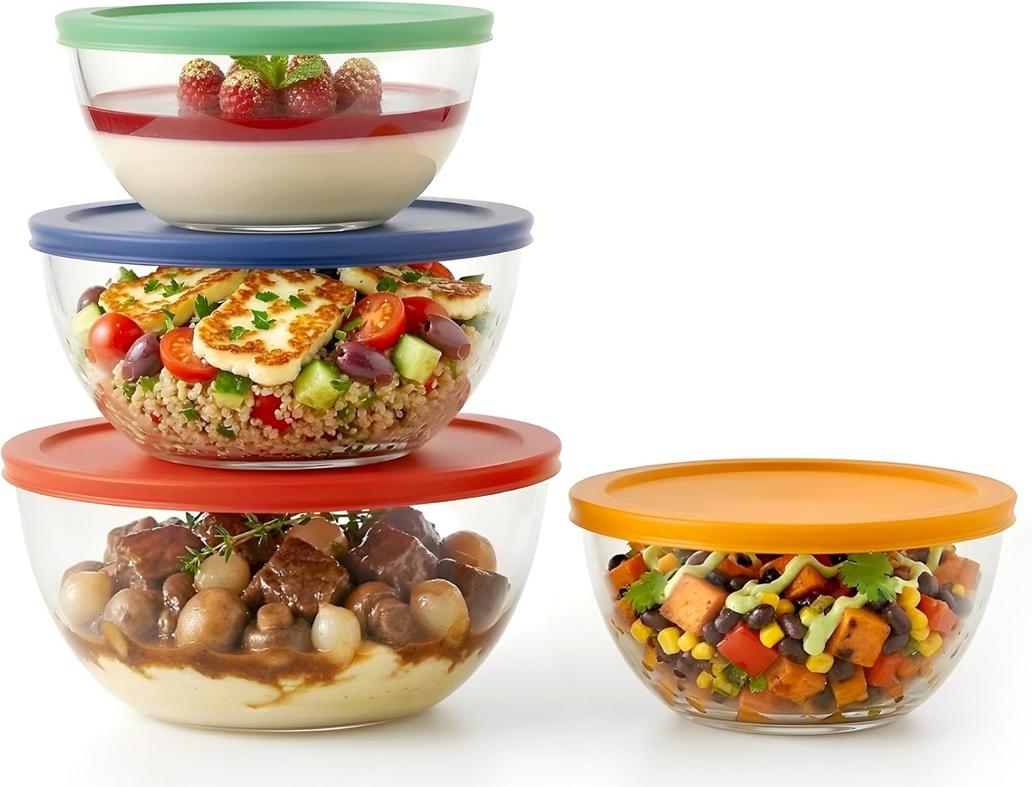 NutriChef 4‑Piece Glass Mixing Bowls with Lids – Premium Borosilicate Glass Bowl Set (1 QT‑3.7 QT) – Non‑Toxic Bowls with Airtight Lids for Mixing, Baking, Serving & Storage