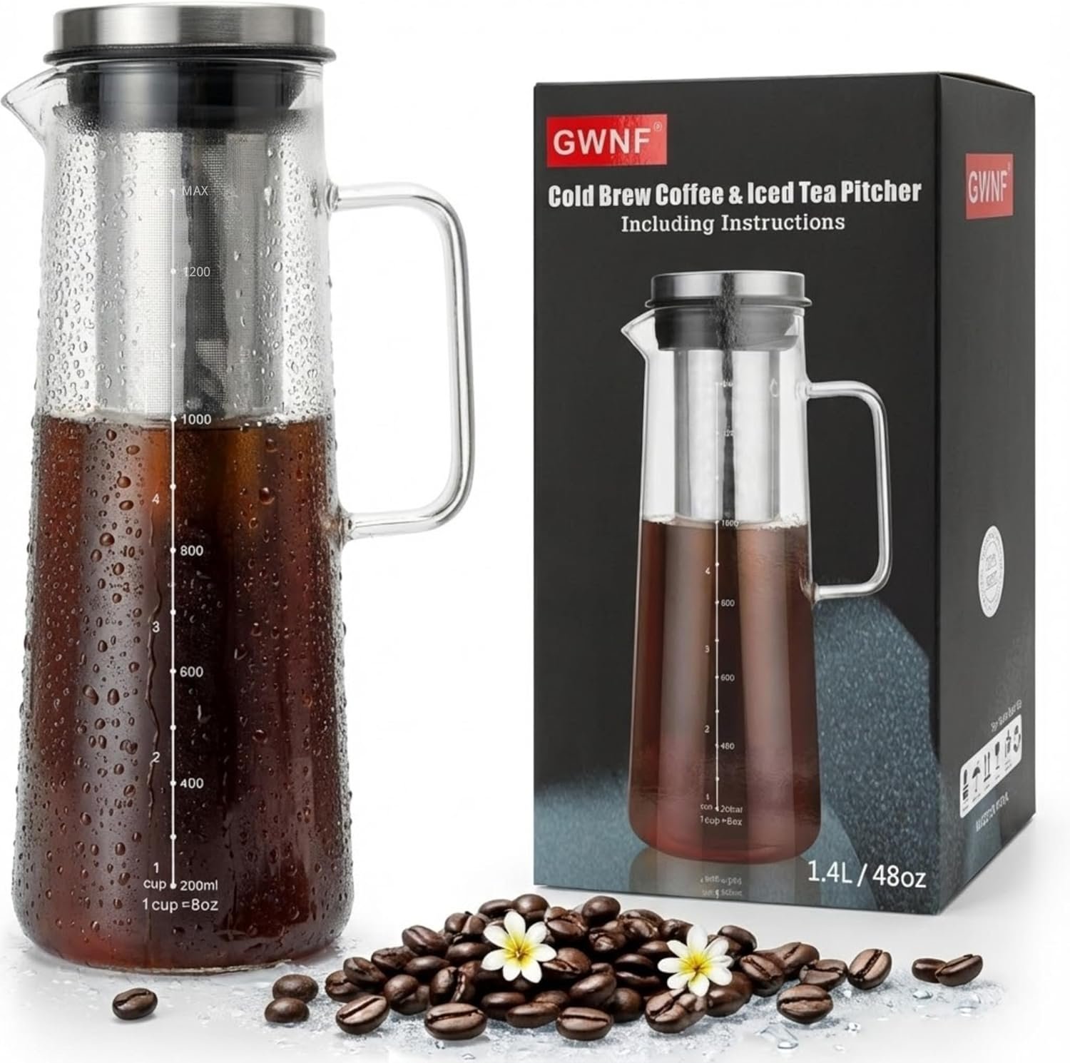 Cold Brew Coffee Maker & Ice Tea Maker, 1.4L/48oz Cold Brew Pither, Borosilicate Glass Carafe with Stainless Steel Filter, Airtight Lid, Dishwasher Safe, Easy to Use | Mannual & Brush Included