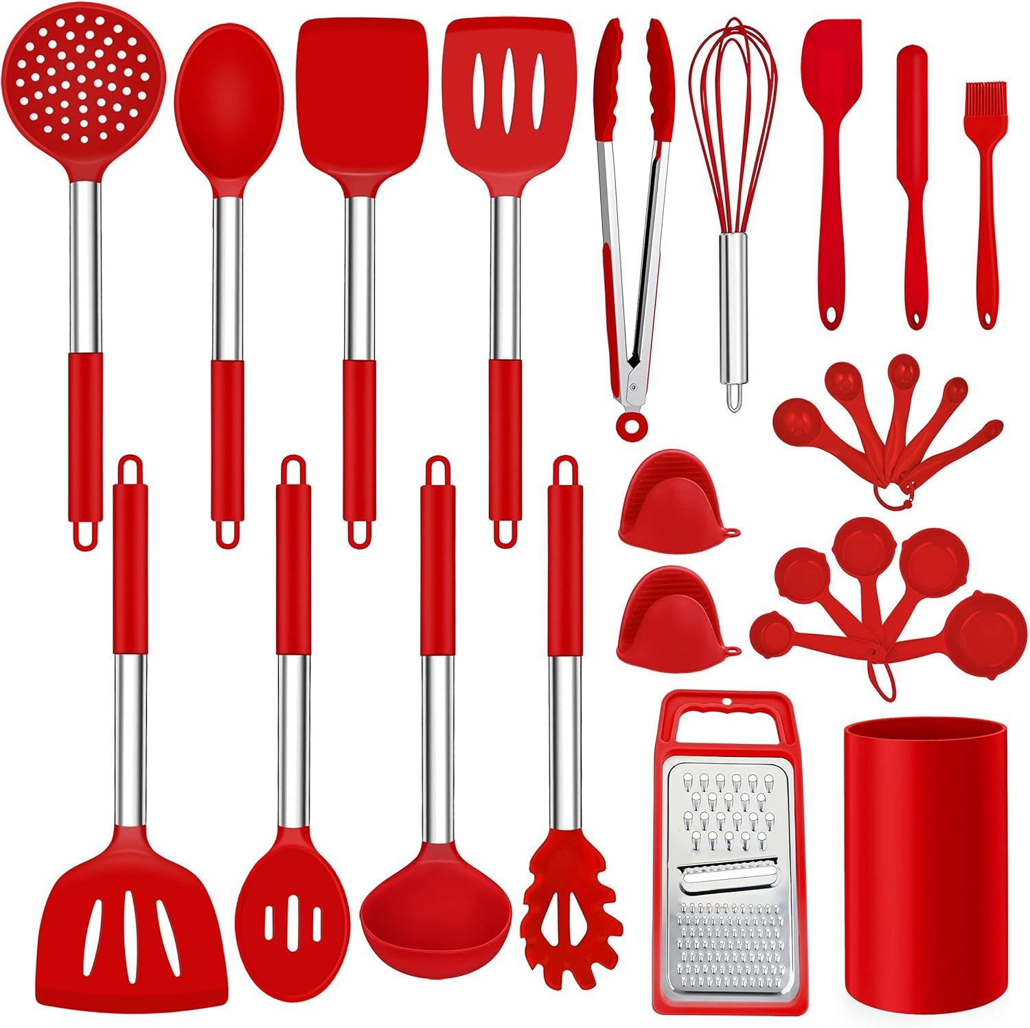 LIANYU 27 PCS Kitchen Utensils Set with Holder, Silicone Cooking Utensils Spatula Set with Stainless Steel Handle, Kitchen Cooking Gadgets Tools for Nonstick Cookware Set, Heat Resistant, Red