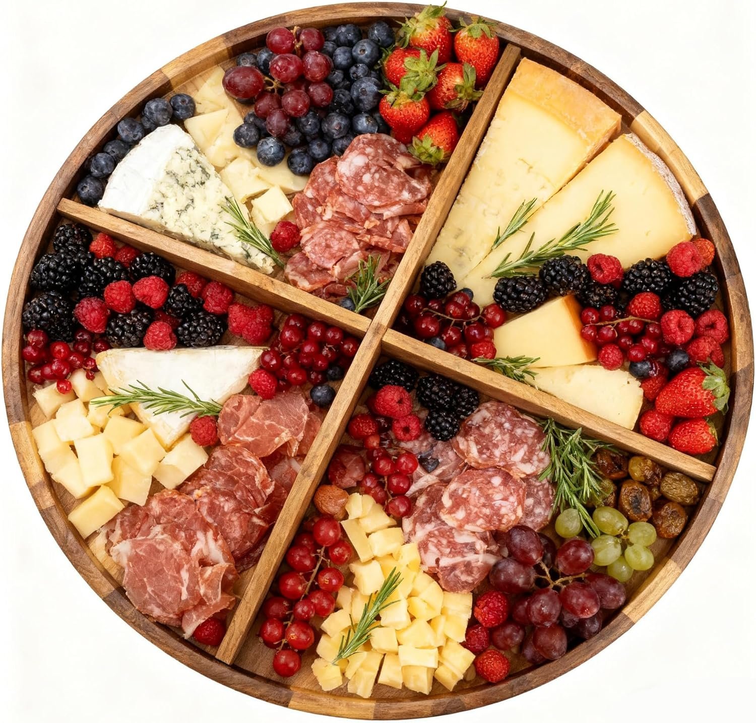 Utoplike Extra Large Acacia Wood Serving Tray, 23.6” Round Charcuterie board, Cheese board with Rotating Base Raised Edge and Removable Dividers for Food, Snacks, Party, Dining