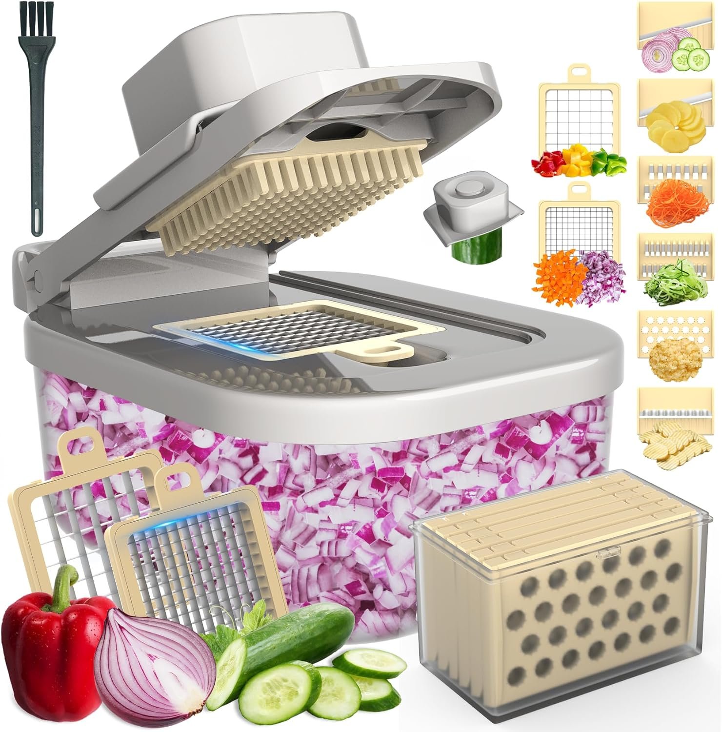 11-in-1 Vegetable Chopper for Kitchen, Food Chopper with Container, Mandoline Slicer Onion Dicer, Veggie Cutter for Fruit Salad Kitchen Gadgets Essential Tools (Beige)