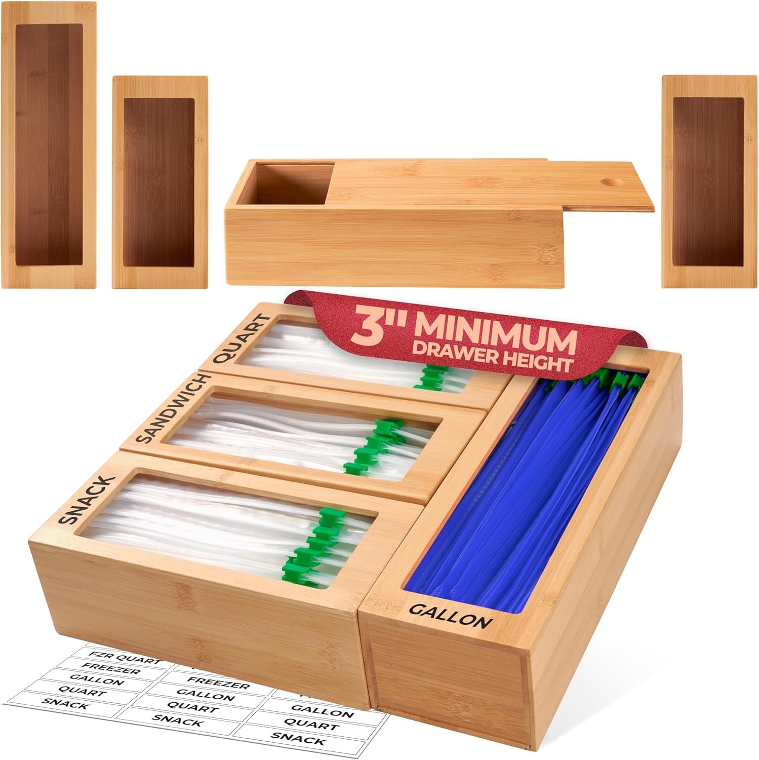 Storage Bag Organizer, Bamboo Baggie Organizer for Drawer, 4 Modular Blocks for Kitchen Organization, Plastic Bag Storage Organizer, Quick Refill – Fits Gallon, Quart, Sandwich, Snack Size Bags