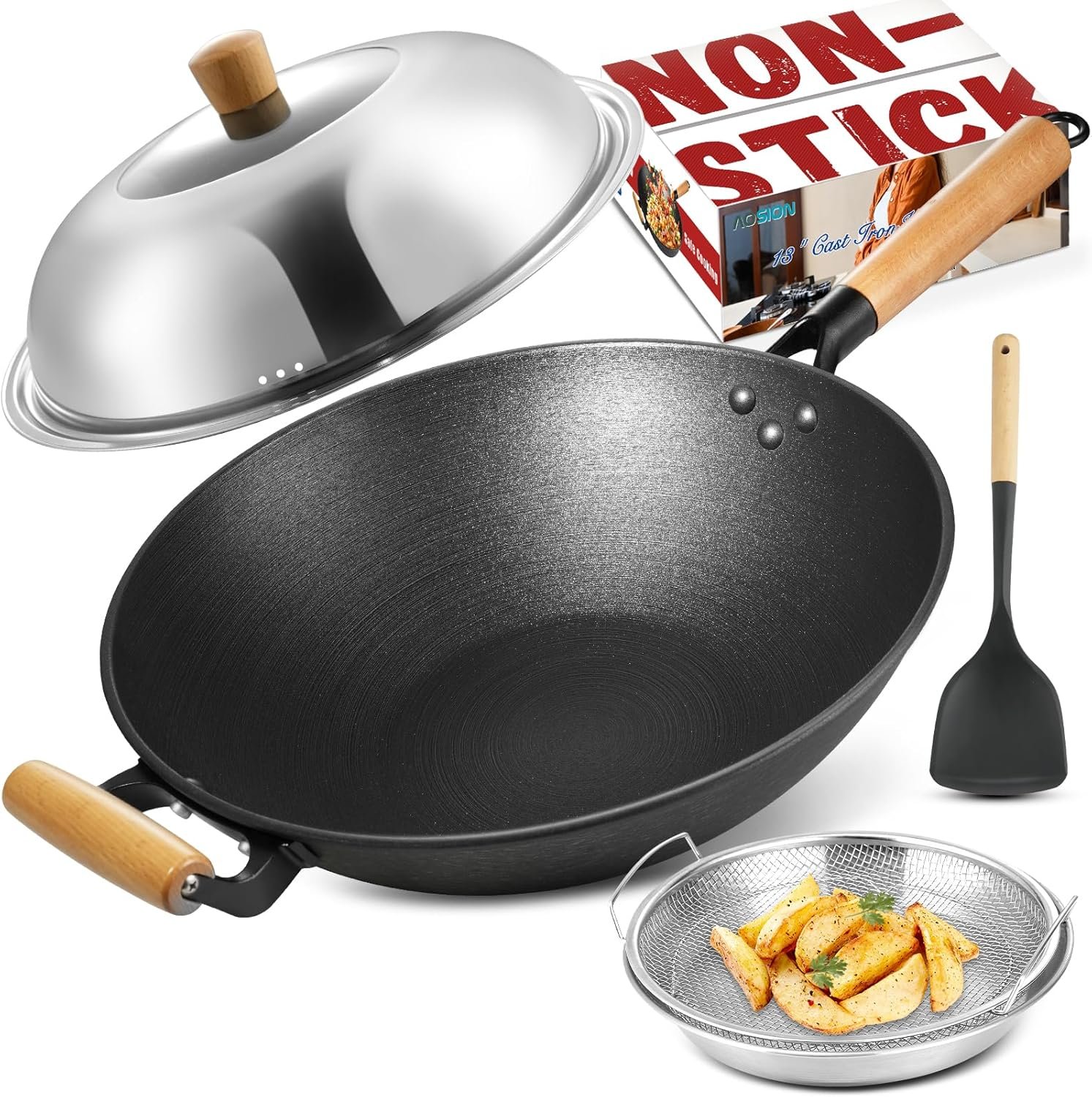 AOSION 13” Nonstick Wok, Cast Iron Wok with Lid, 5 PCS Wok Pan & Stir-Fry Pans Set with Oil Filter Tray and Spatula, No Chemical Coated Flat Bottom Chinese Woks Pan for All Stoves