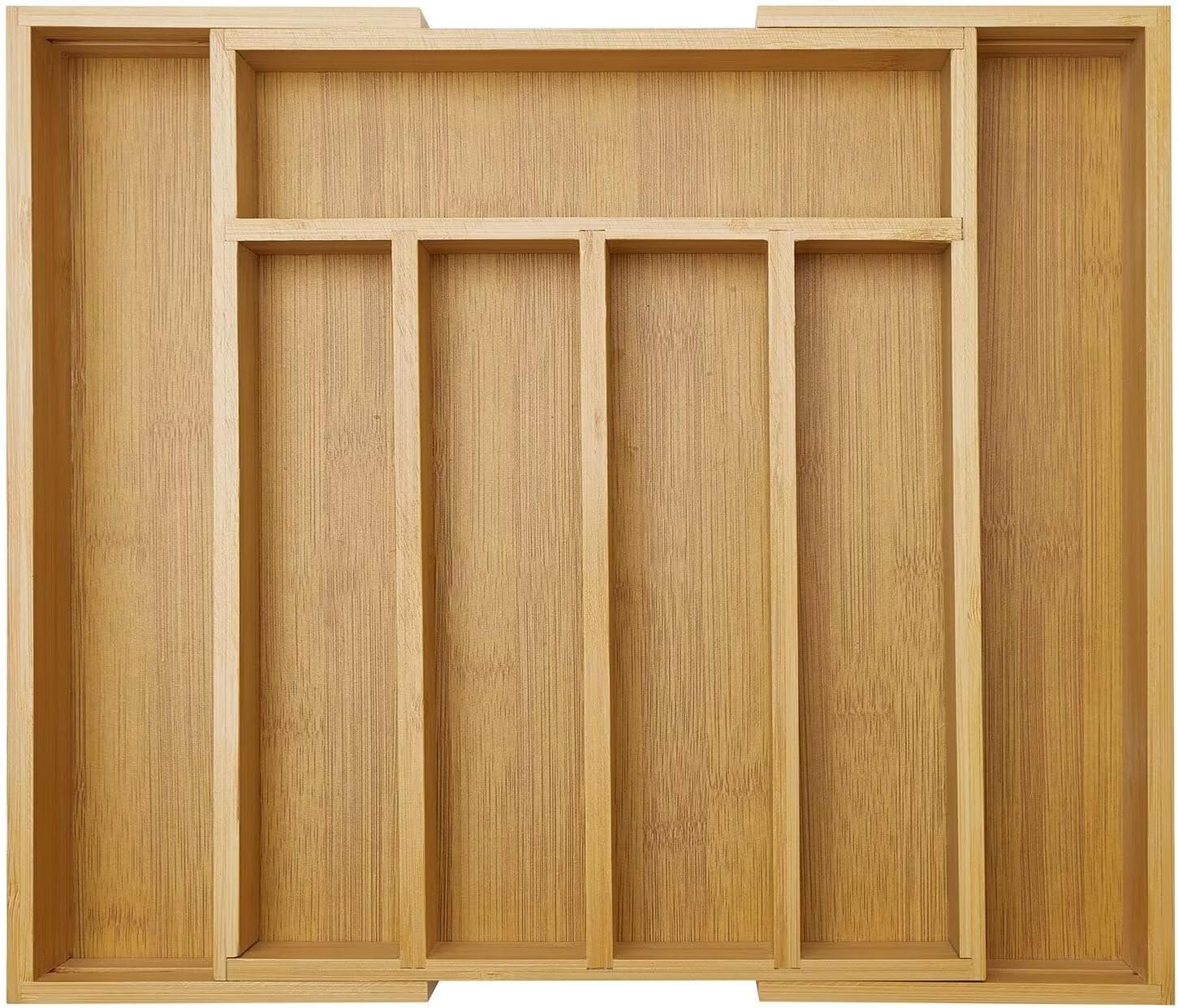 Expandable Large Utensil Drawer Organizer Cutlery Tray Bamboo Kitchen Silverware Organizer Cooking Utensil Tray Holder Adjustable Wooden Flatware Organizer for Drawer Spoon Fork Silverware Tray