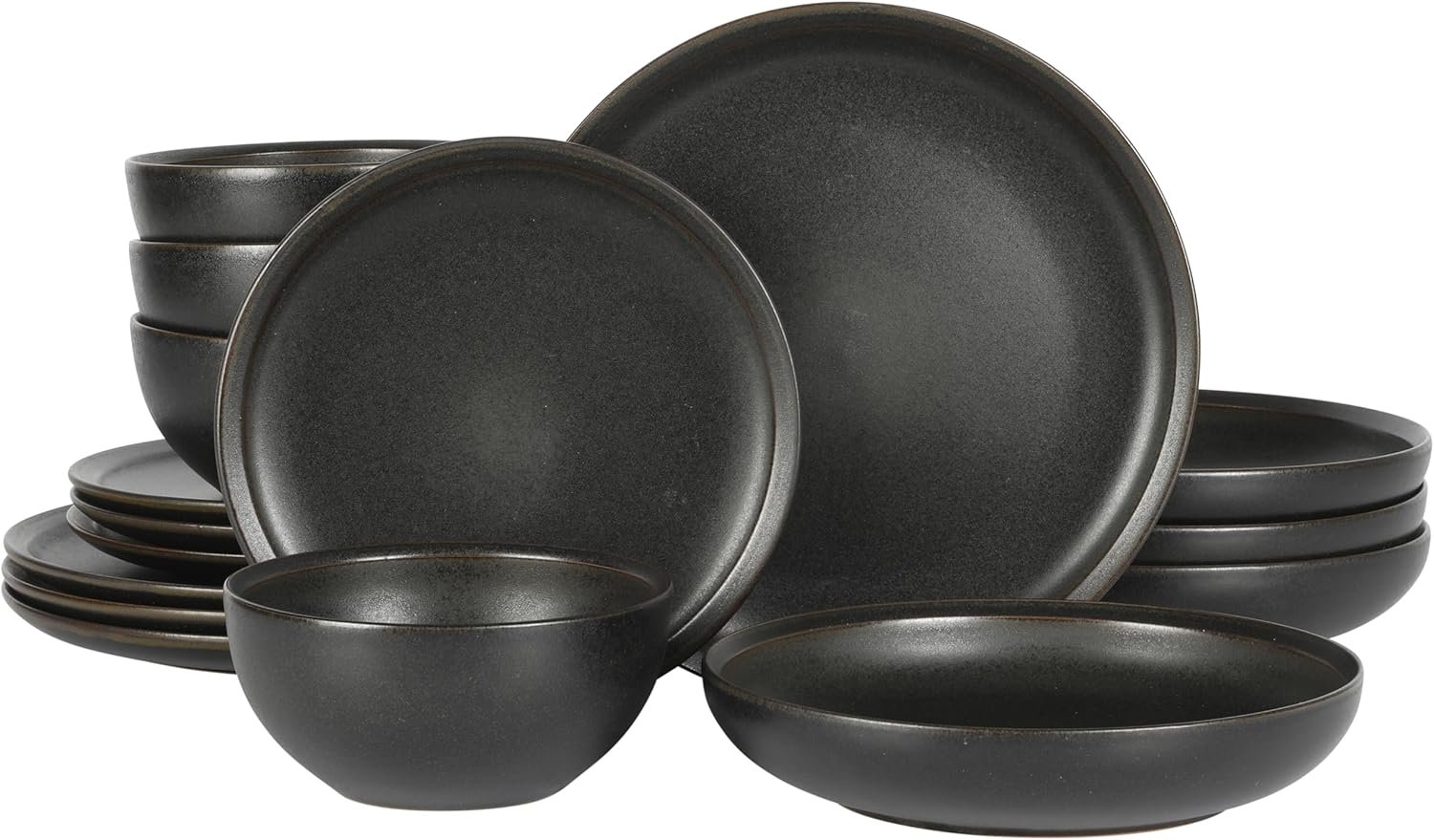 Gibson Elite Beckett Stoneware Matte Reactive Glaze 16 Piece (Service for 4) Plates and Bowls Dinnerware Set – Black